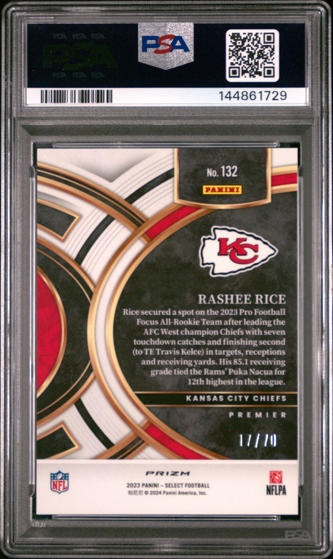 2023 Panini Select Rashee Rice #132 (Dragon Scale Prizm) Gem Mt 10 back view - PSA certificate #144861729