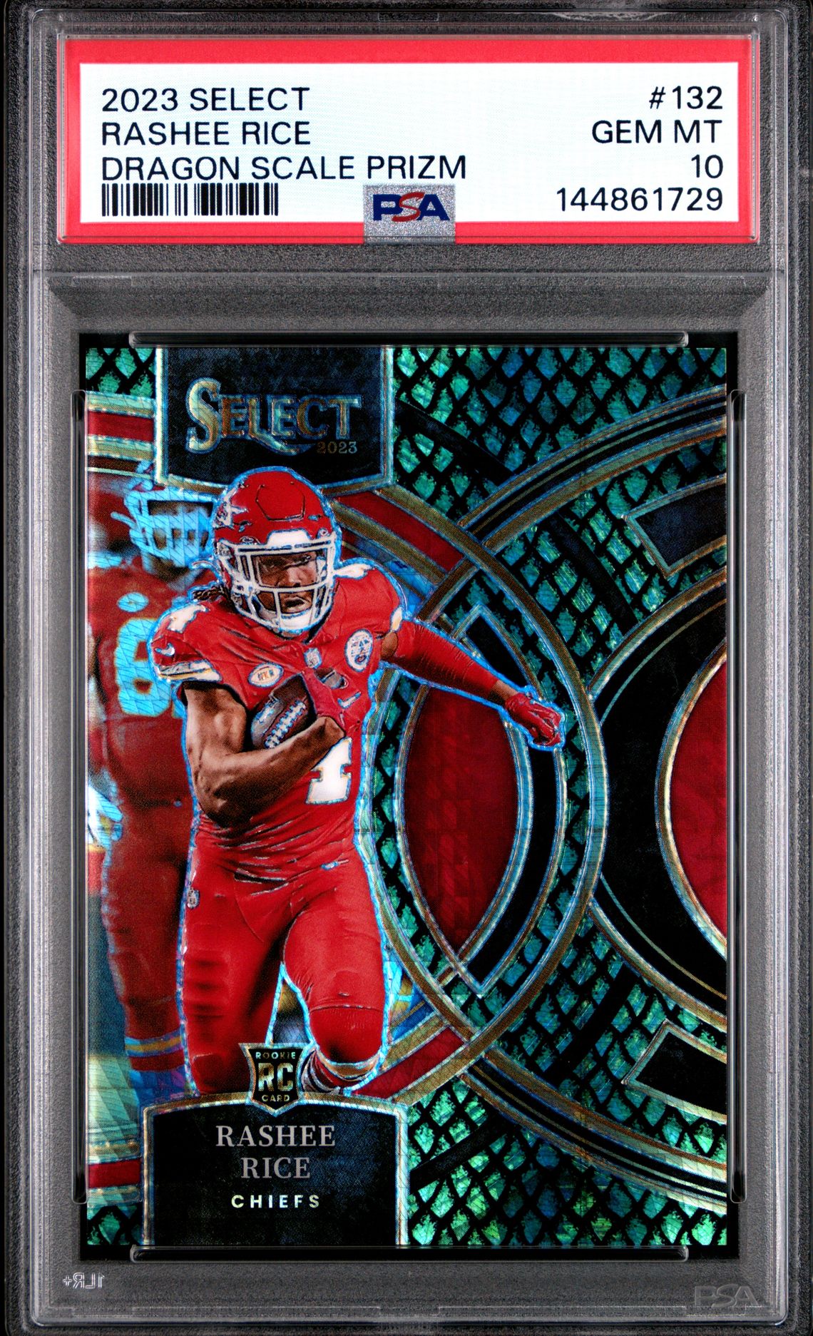2023 Panini Select Rashee Rice #132 (Dragon Scale Prizm) Gem Mt 10 front view - PSA graded GEM MT 10