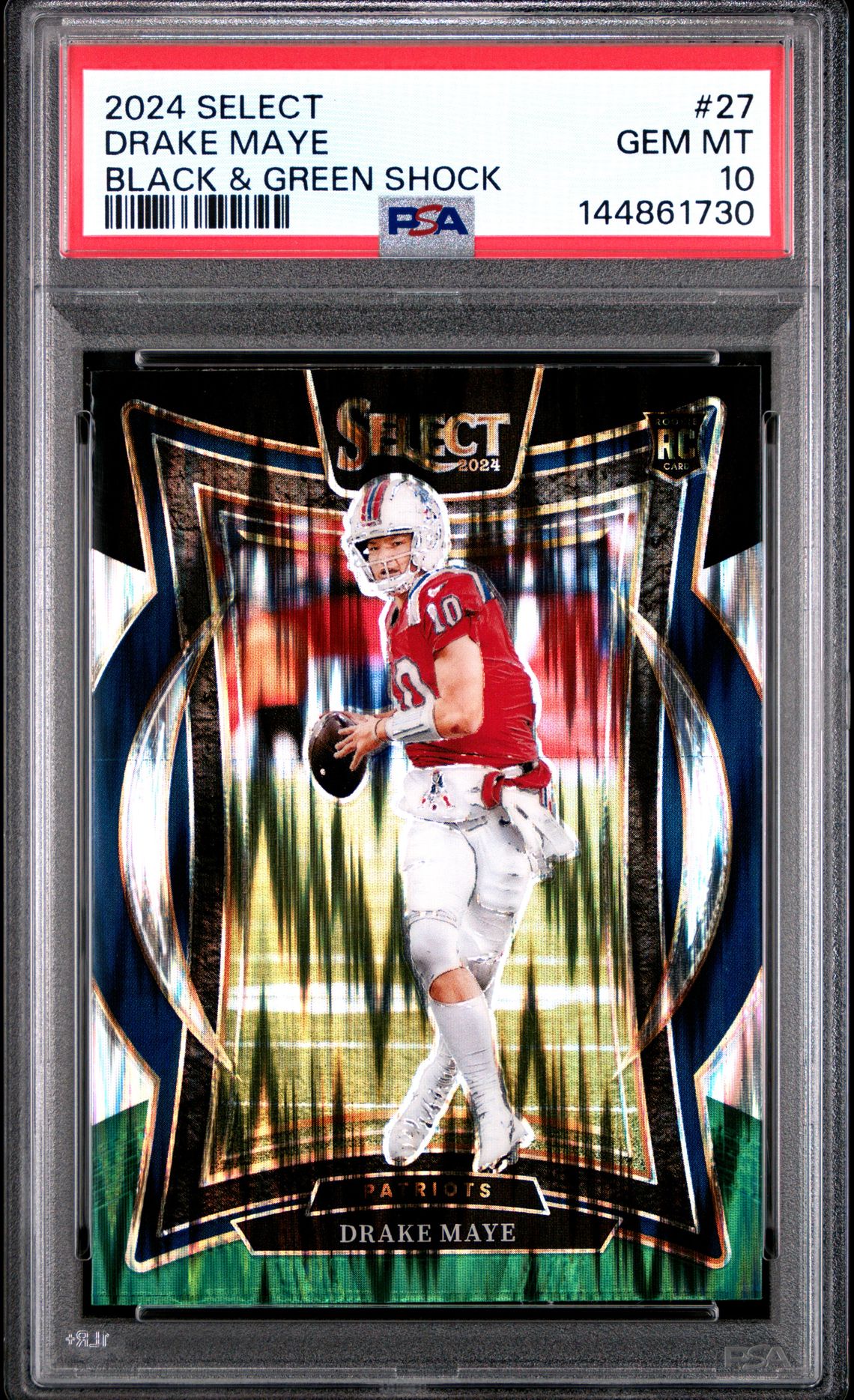 2024 Panini Select Drake Maye #27 (Black & Green Shock) Gem Mt 10 front view - PSA graded GEM MT 10
