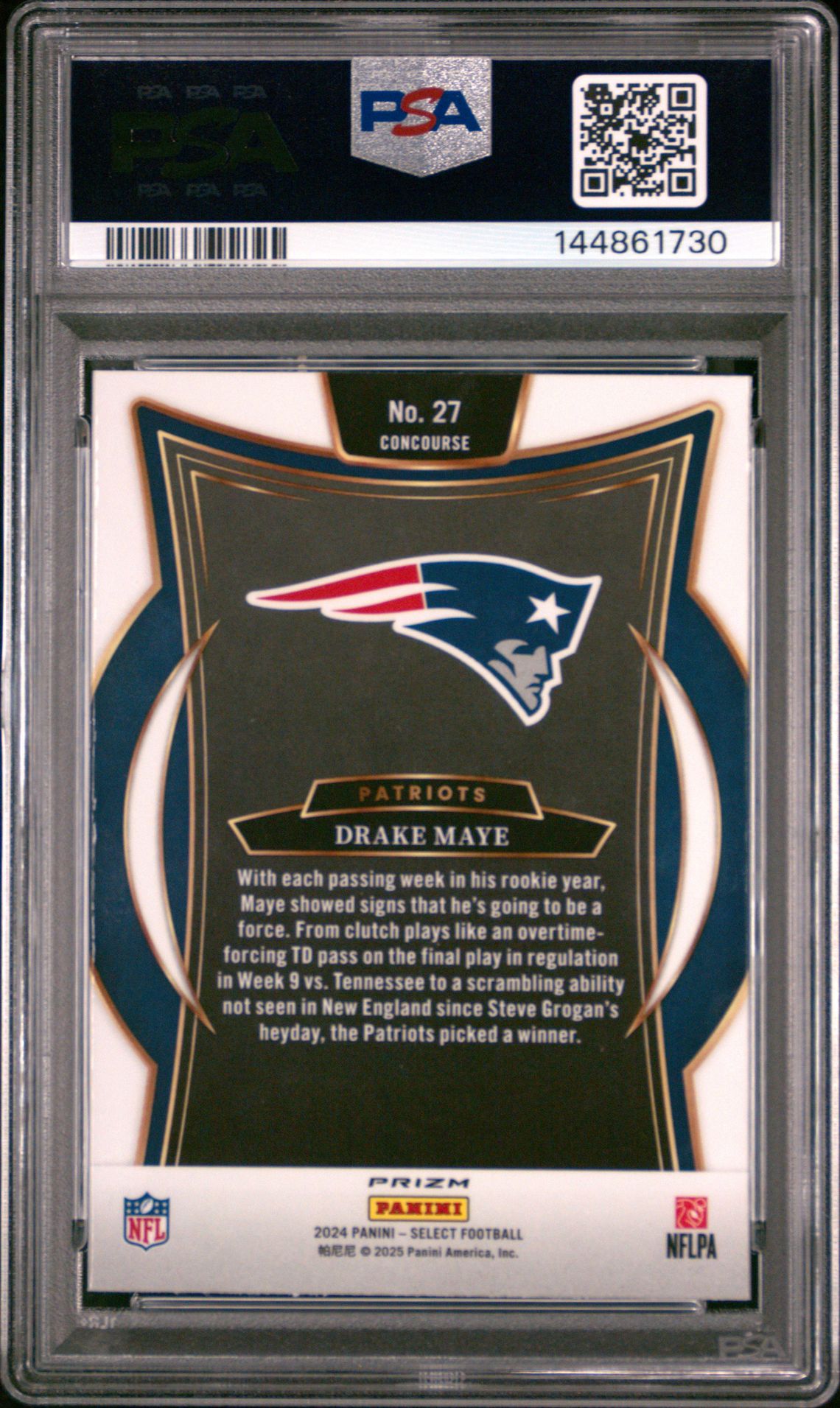 2024 Panini Select Drake Maye #27 (Black & Green Shock) Gem Mt 10 back view - PSA certificate #144861730
