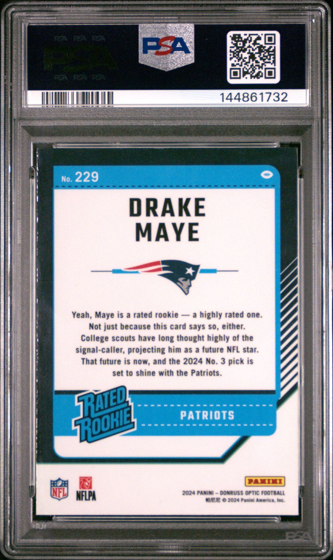 2024 Panini Donruss Optic Drake Maye #229 Gem Mt 10 back view - PSA certificate #144861732