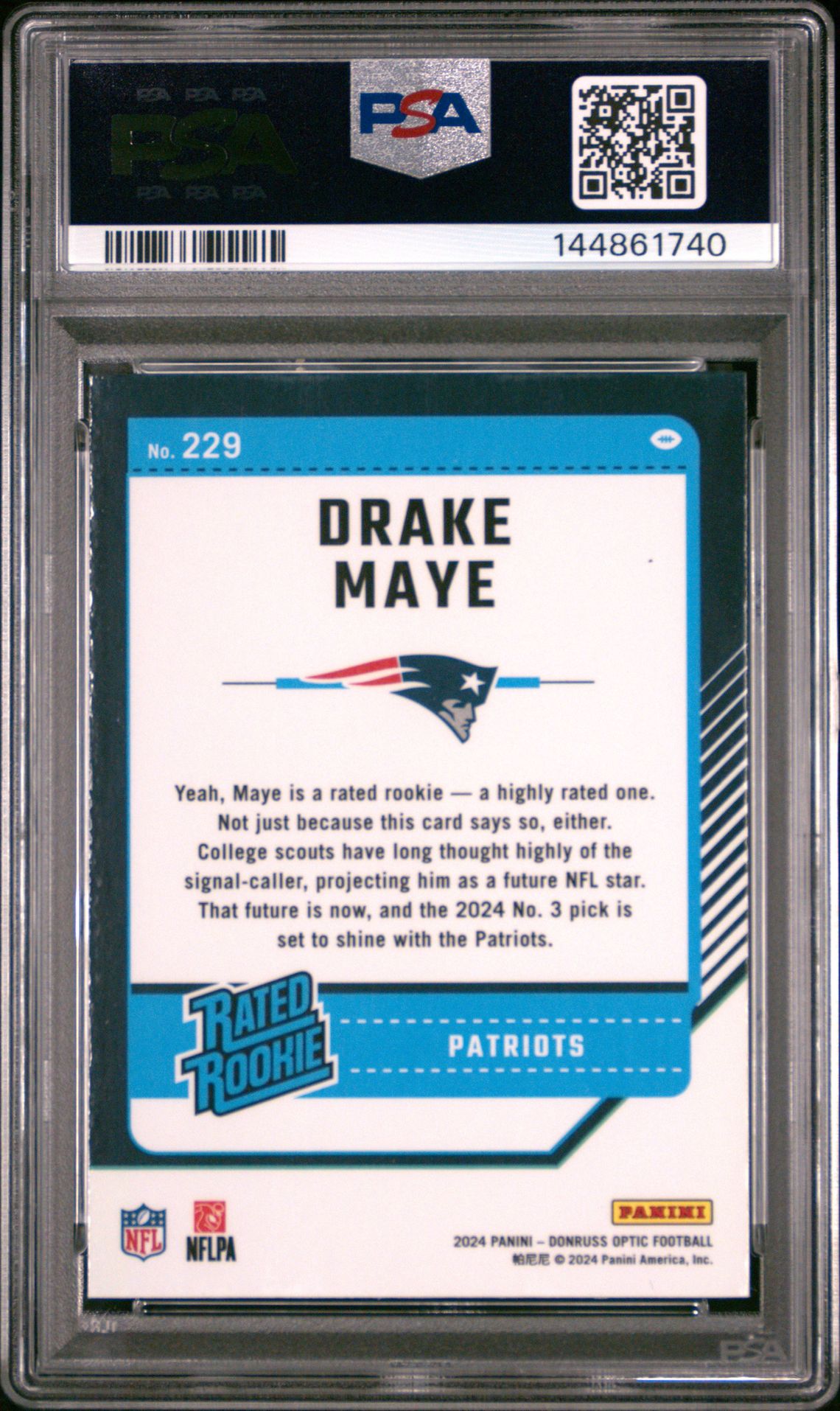 2024 Panini Donruss Optic Drake Maye #229 Gem Mt 10 back view - PSA certificate #144861740