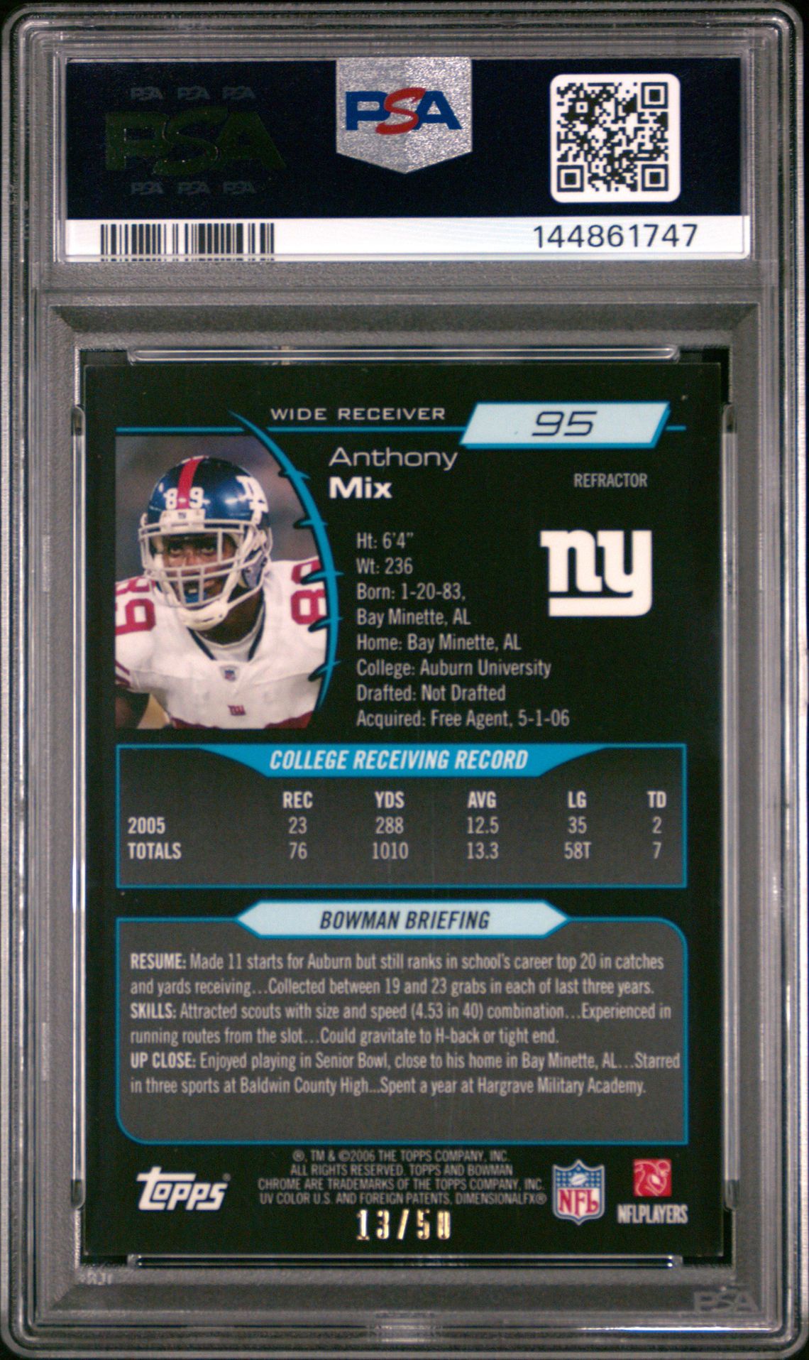 2006 Bowman Chrome Anthony Mix #95 (Gold Refractor) Nm-Mt 8 back