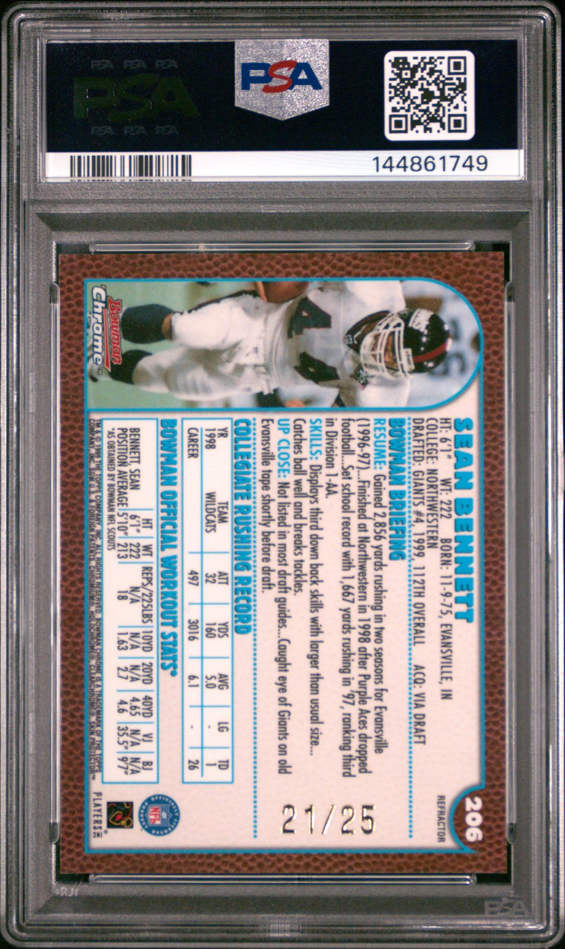 1999 Bowman Chrome Sean Bennett #206 (Gold Refractor) Mint 9 back