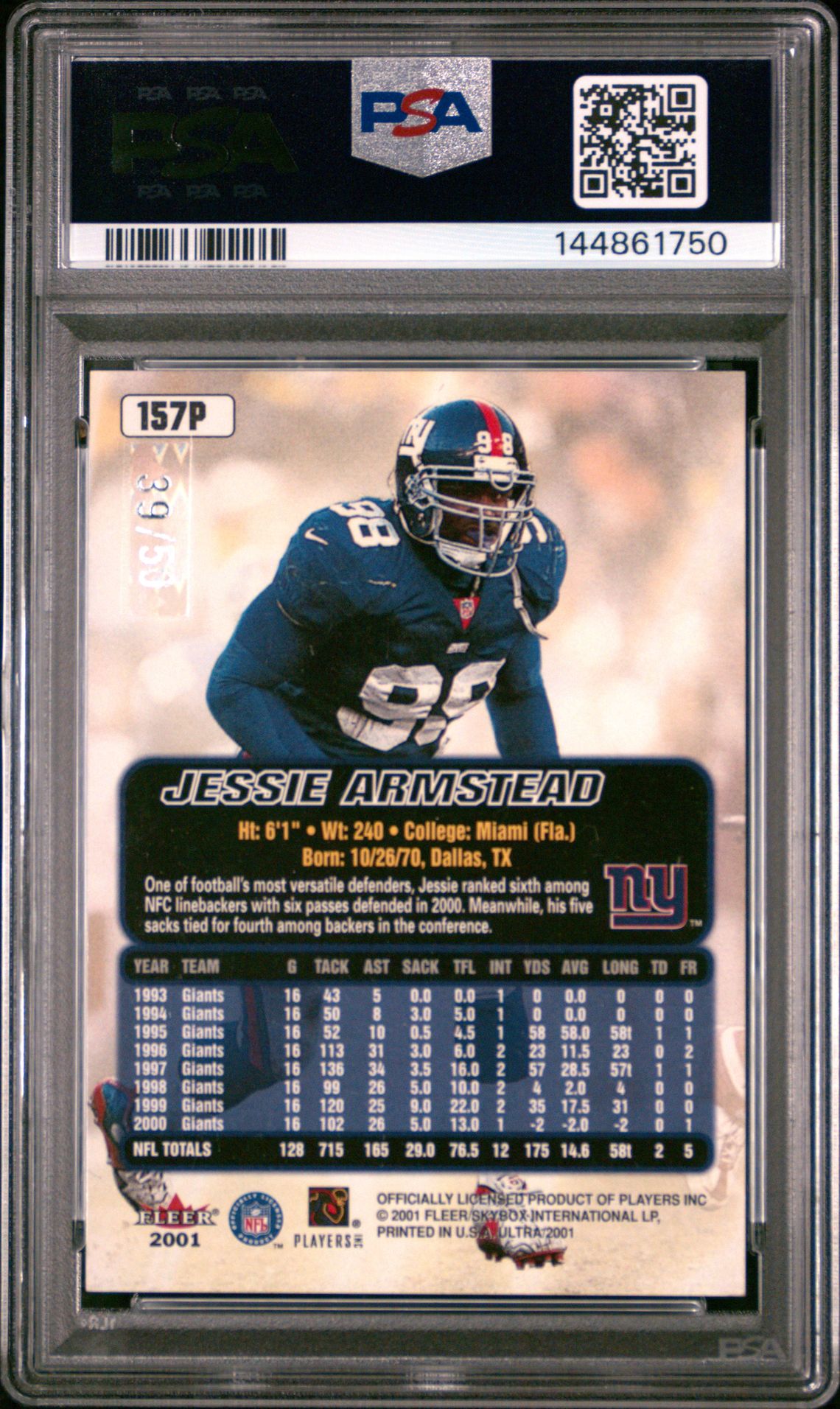 2001 Ultra Jessie Armstead #157P (Platinum Medallion) Nm 7 back