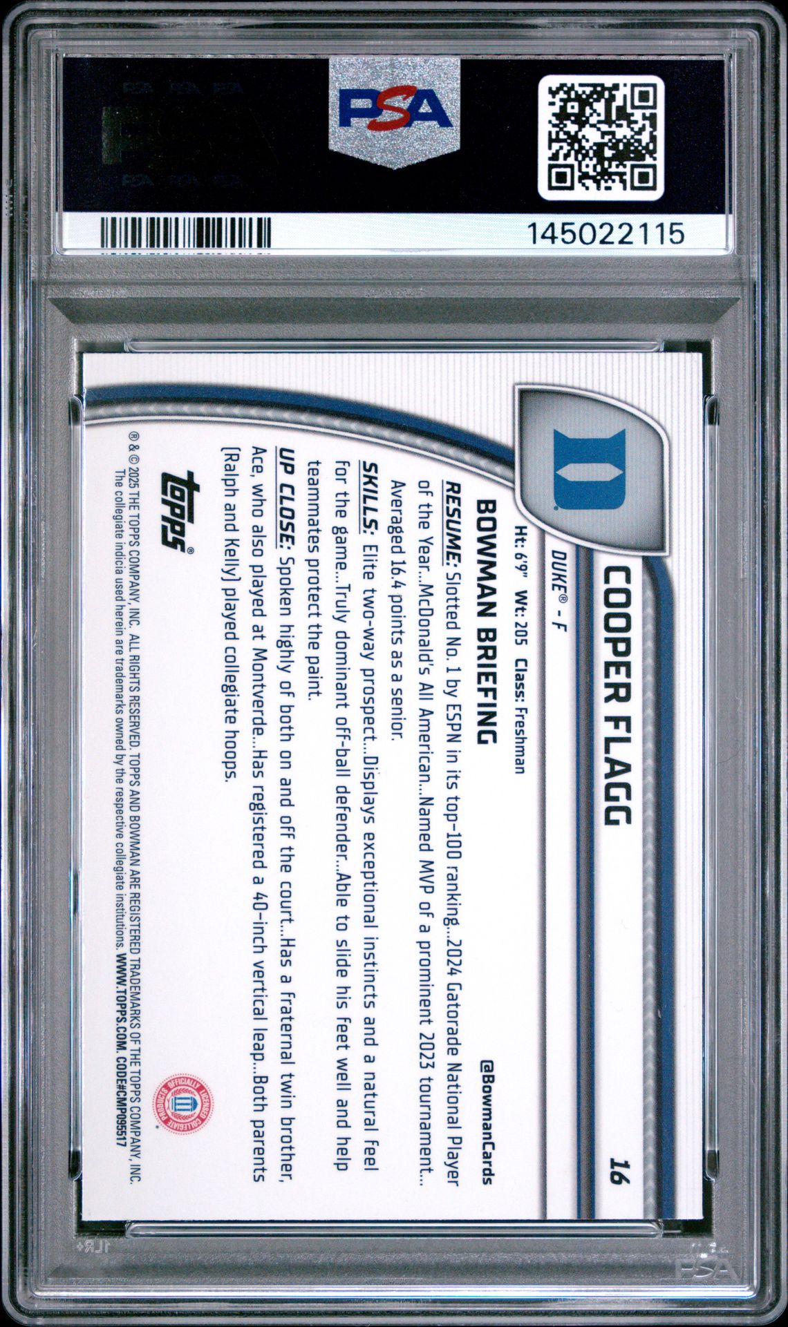 2024 Bowman Chrome University Cooper Flagg #16 (Black Wave) Gem Mt 10 back