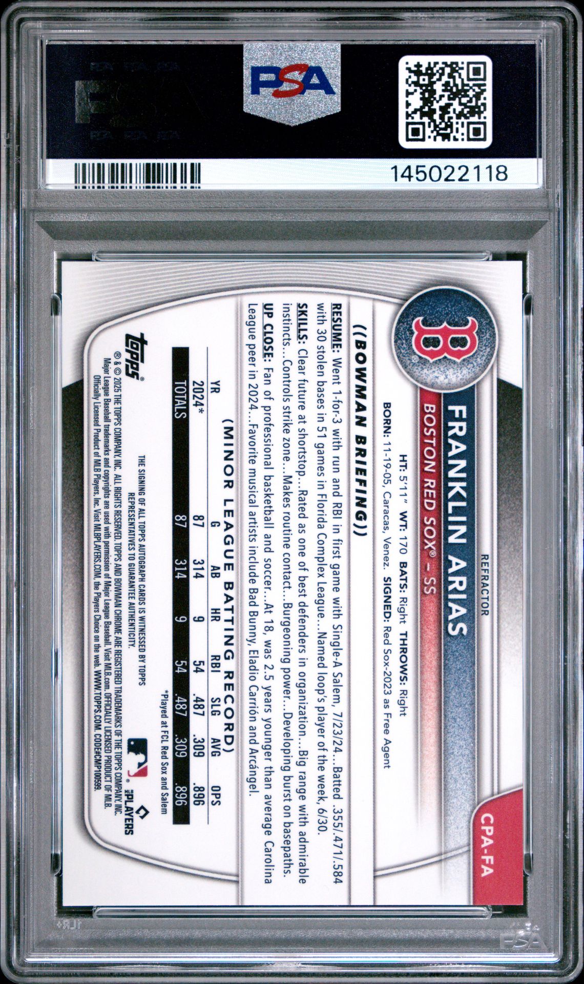 2025 Bowman Chrome Prospect Autographs Franklin Arias #Cpafa (Chrome Prospect Auto-Ref) Gem Mt 10 back