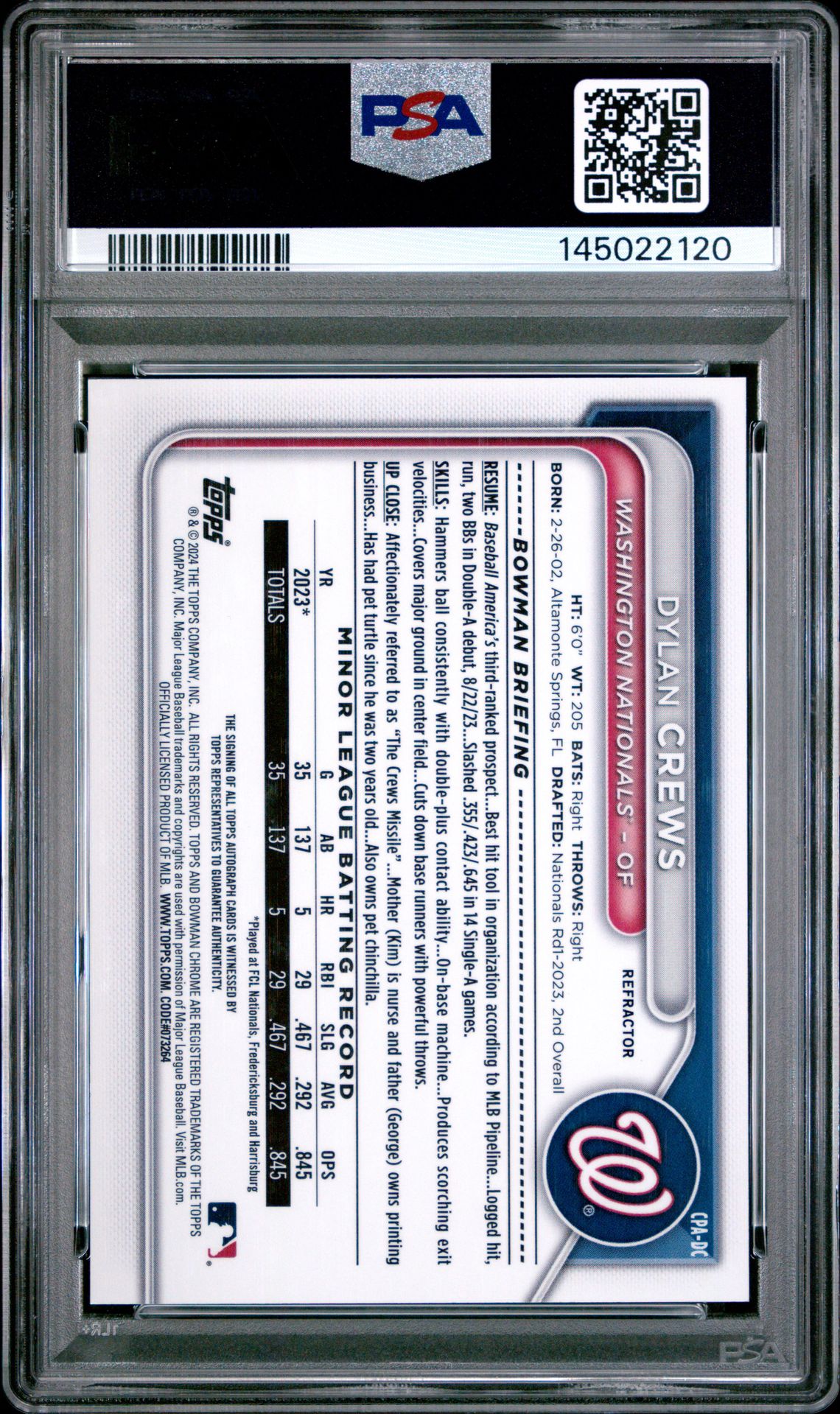 2024 Bowman Chrome Prospect Autographs Dylan Crews #Cpadc (Chrome Prspct Au-Refractor) Mint 9 back