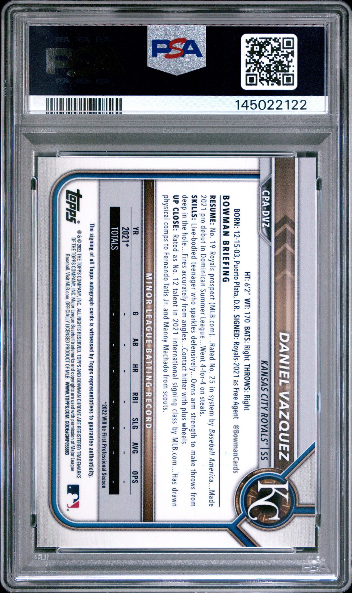 2022 Bowman Chrome Prospect Autographs Daniel Vazquez #Cpadvz (Prospect Autograph) Mint 9 back