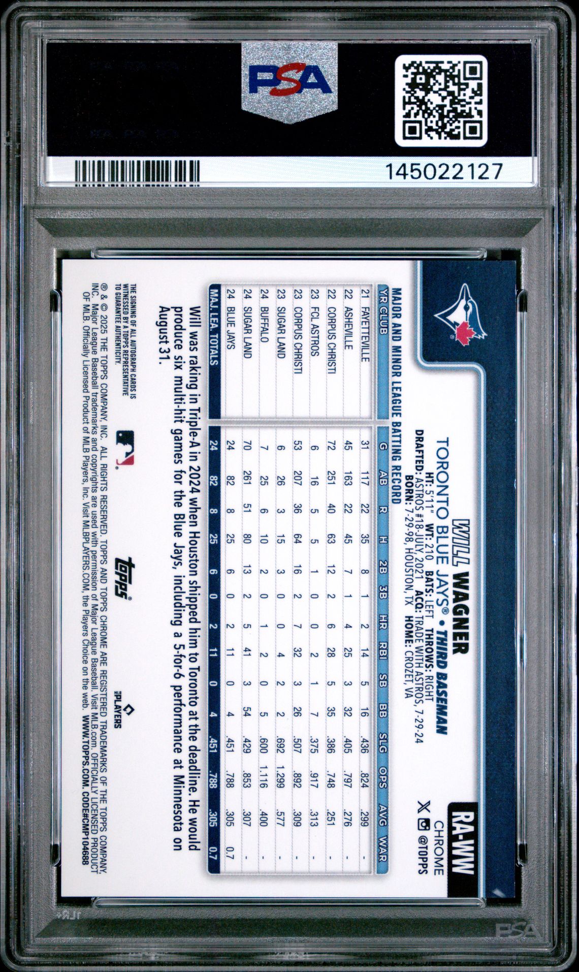 2025 Topps Chrome Rookie Autographs Will Wagner #Raww (Rookie Autograph-Purple Ref) Mint 9 back