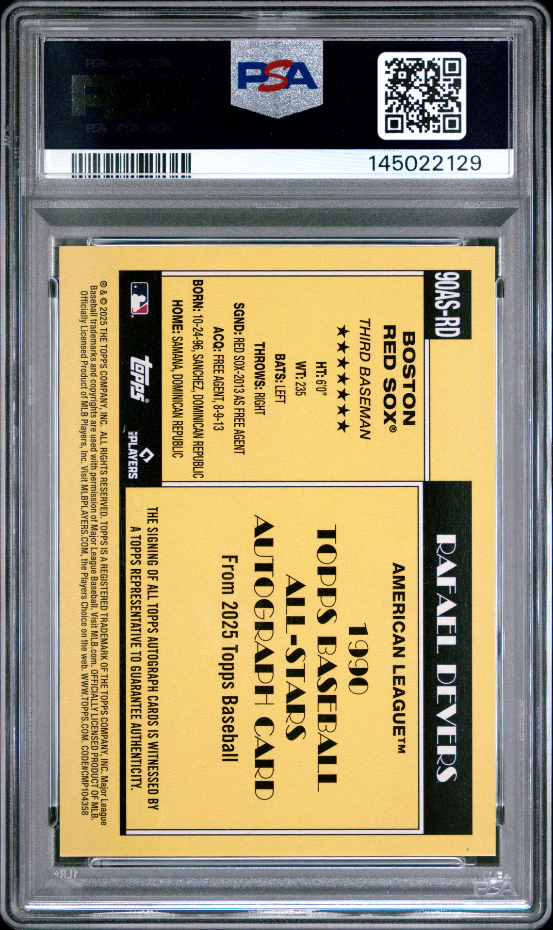 2025 Topps 1990 Topps All-Star Autographs Rafael Devers #90Asrd Mint 9 back