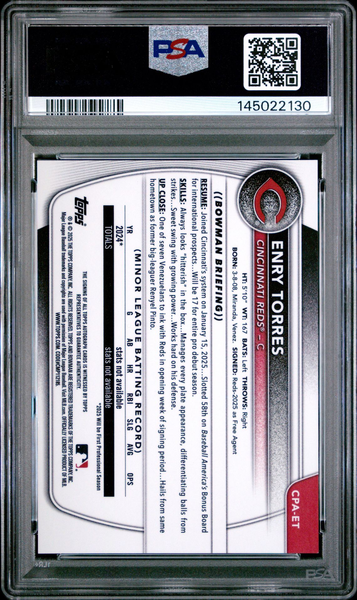 2025 Bowman Chrome Prospect Autographs Enry Torres #Cpaet (Chr Prospect Auto-Gold Ref) Nm-Mt 8 back