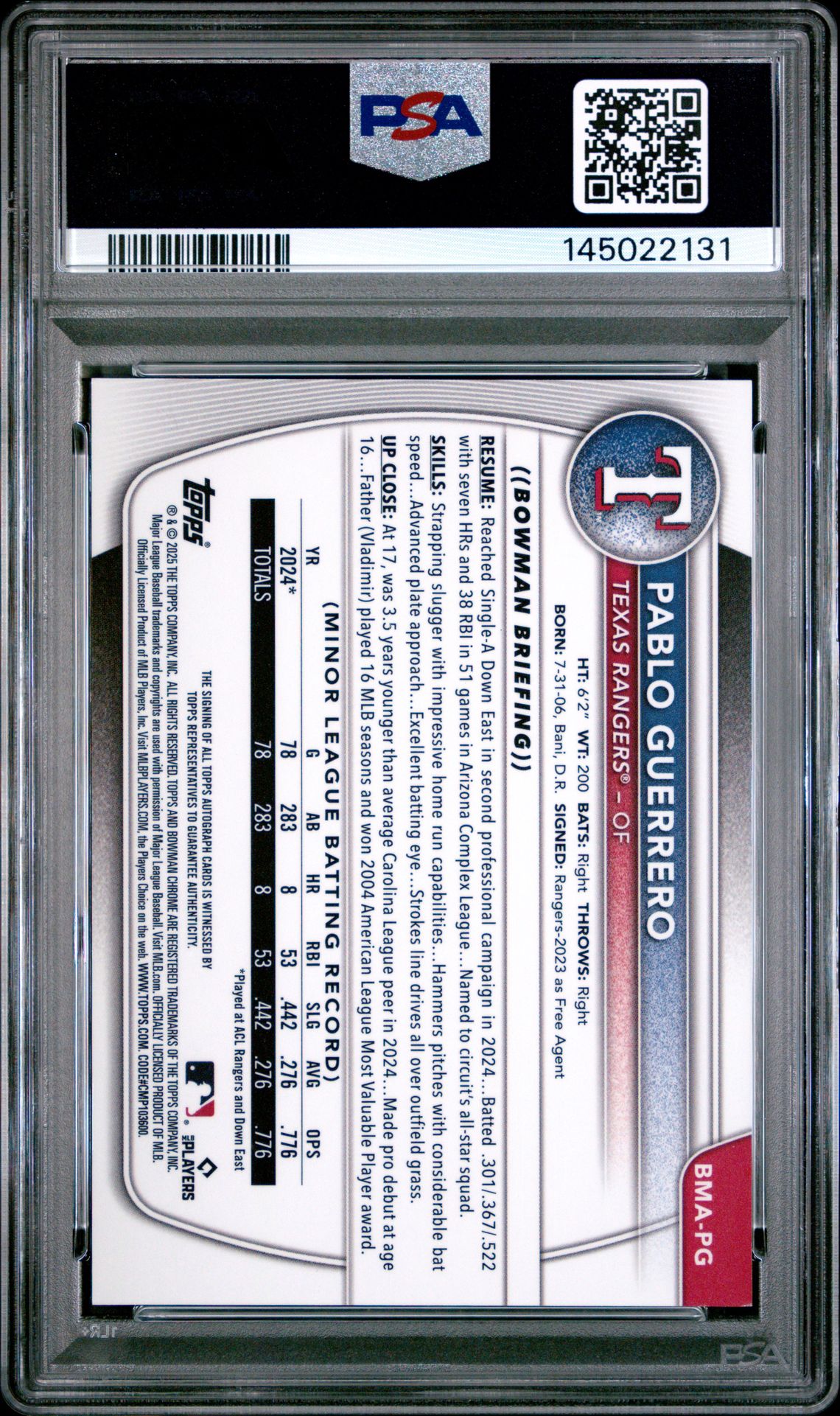 2025 Bowman Mega Box Bowman Prospect Mega Autographs Pablo Guerrero #Pg Mint 9 back