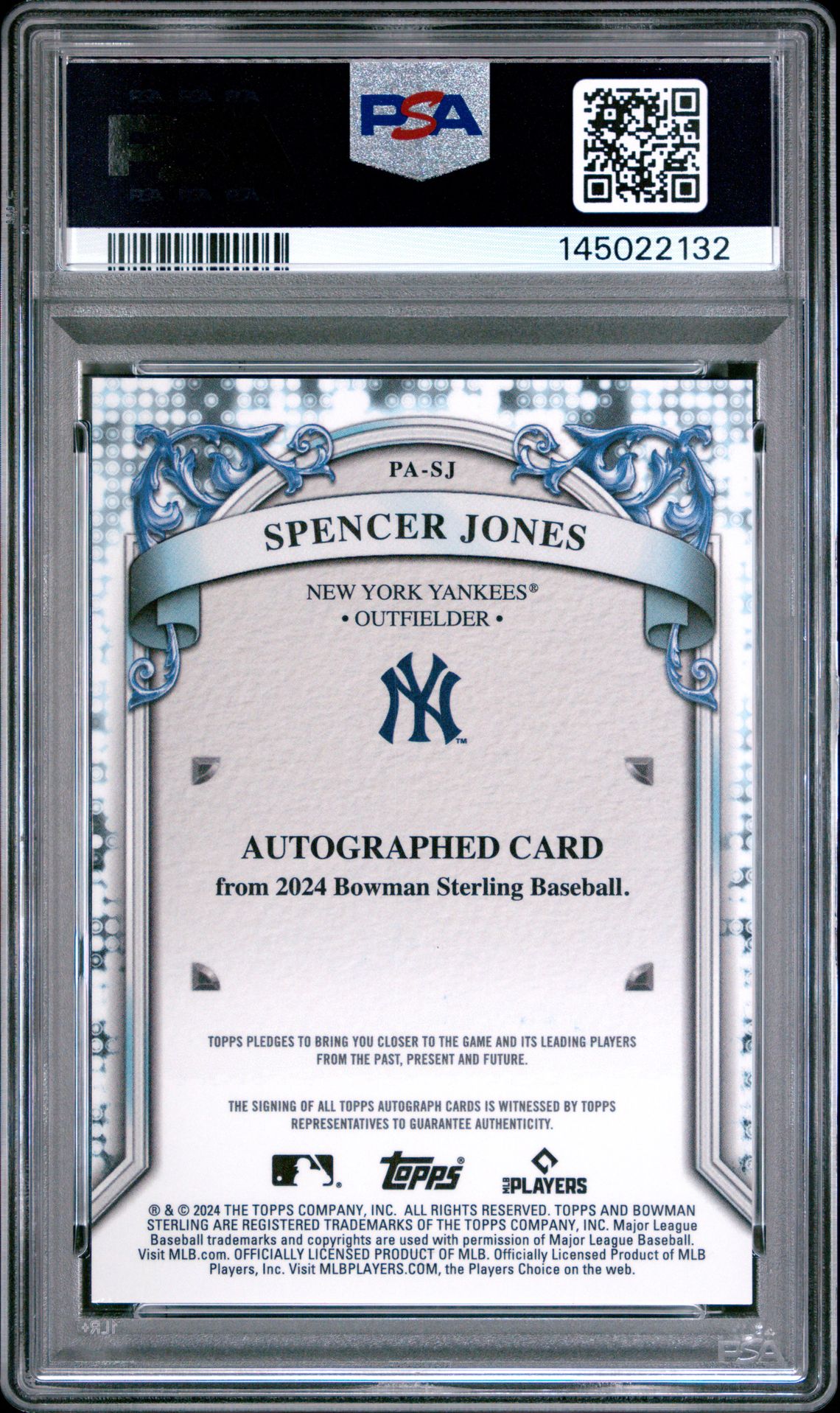2024 Bowman Sterling Prospect Autographs Spencer Jones #Pasj (Prospect Auto-Speckle Ref) Mint 9 back