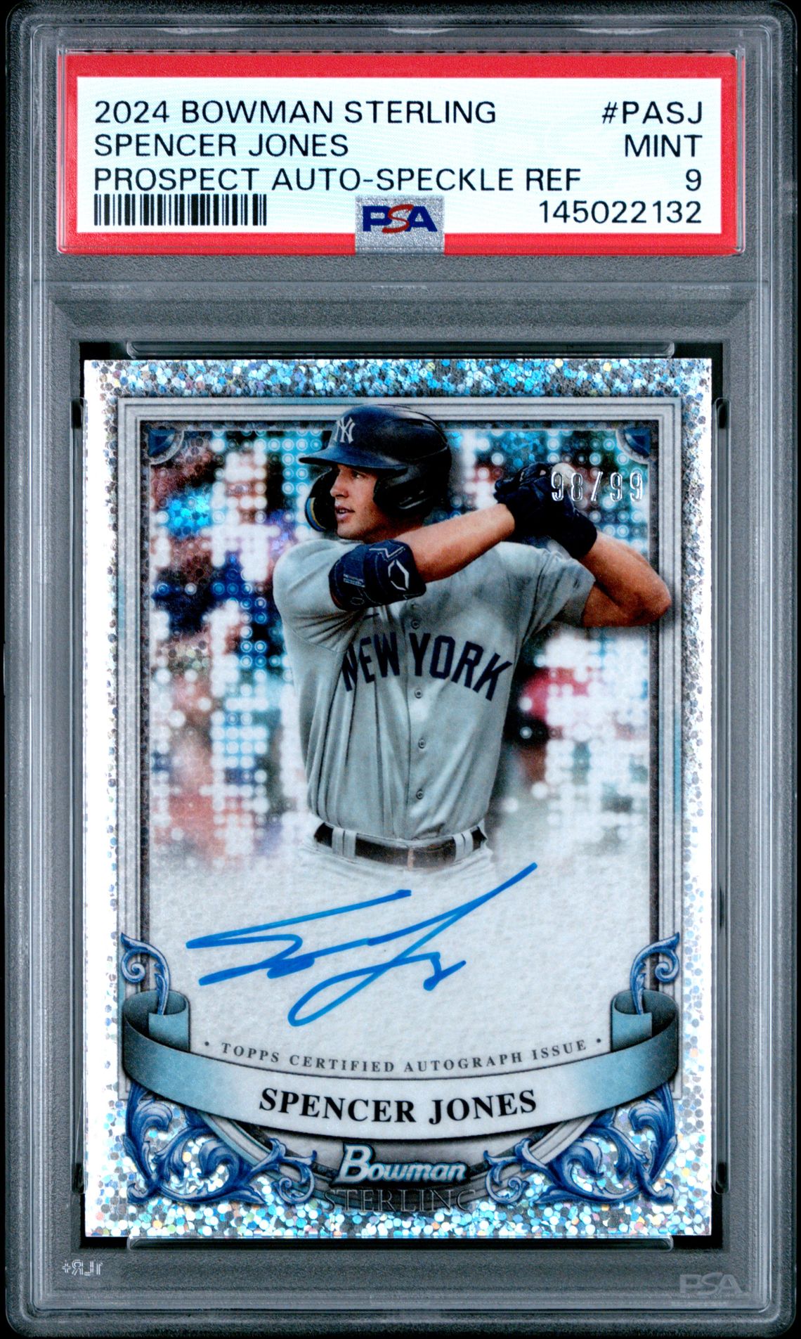 2024 Bowman Sterling Prospect Autographs Spencer Jones #Pasj (Prospect Auto-Speckle Ref) Mint 9 front