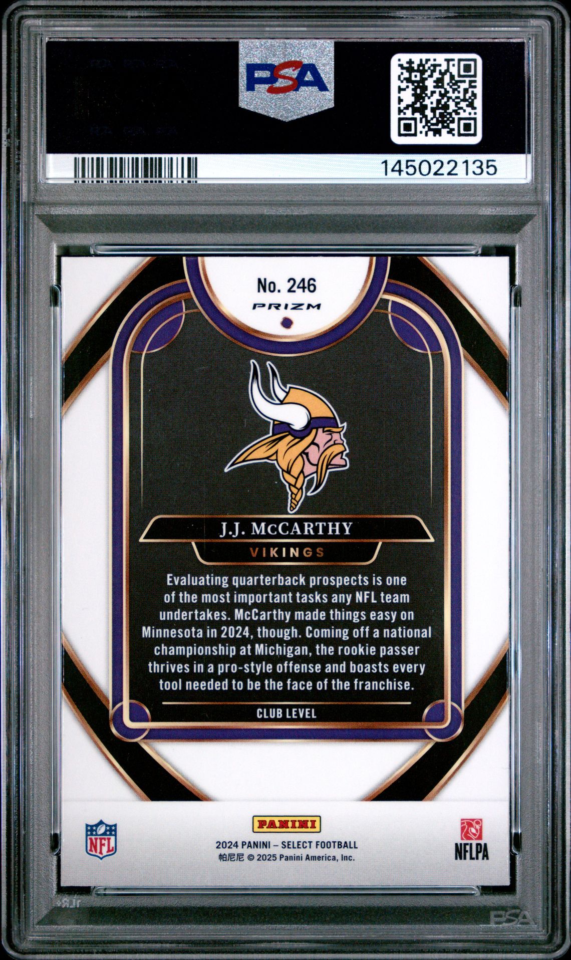 2024 Panini Select Jj Mccarthy #246 (Red & Blue Shock) Gem Mt 10 back