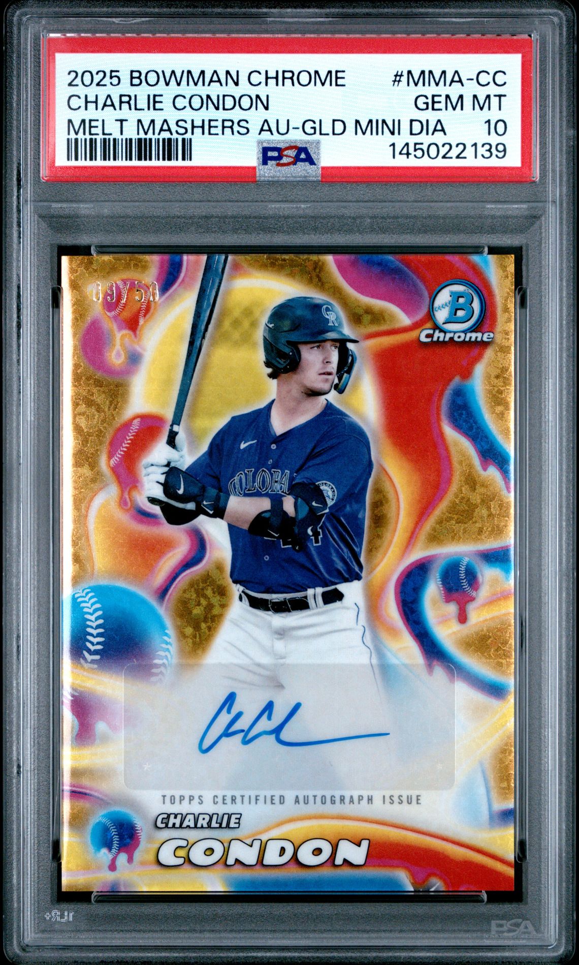 2025 Bowman Chrome Melt Mashers Autographs Charlie Condon #Mma-Cc (Melt Mashers Au-Gld Mini Dia) Gem Mt 10 front