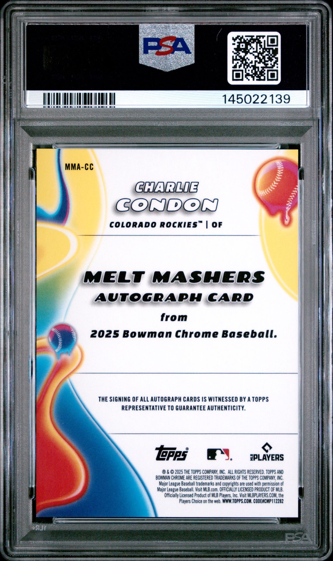2025 Bowman Chrome Melt Mashers Autographs Charlie Condon #Mma-Cc (Melt Mashers Au-Gld Mini Dia) Gem Mt 10 back
