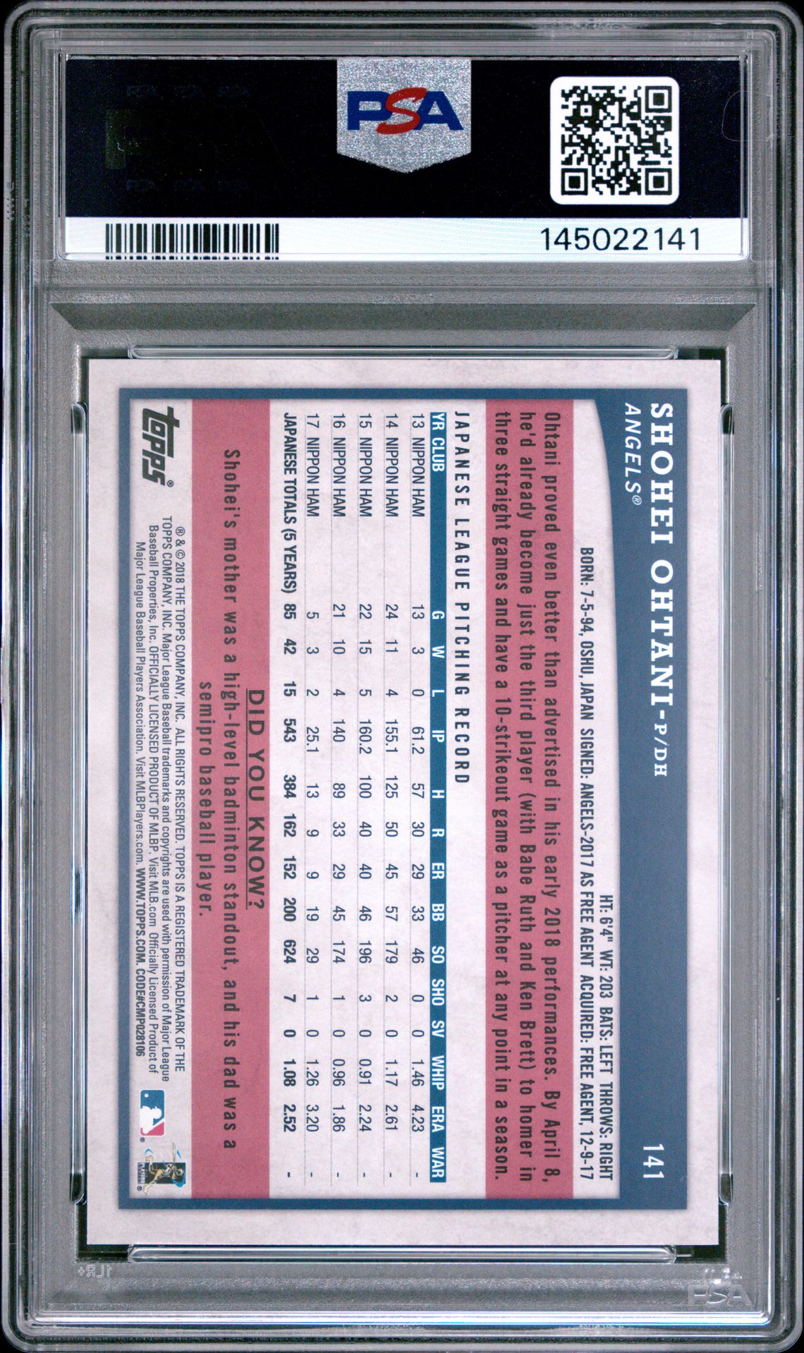 2018 Topps Big League Shohei Ohtani #141 Mint 9 back