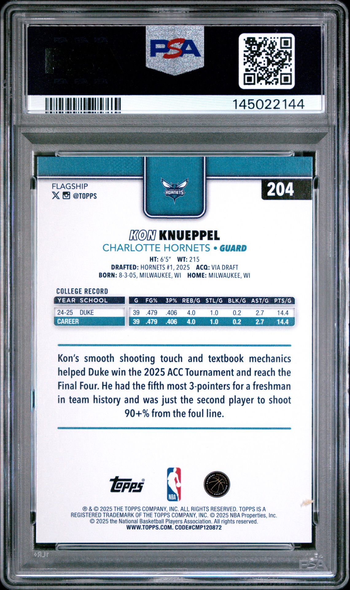 2025 Topps Kon Knueppel #204 Gem Mt 10 back