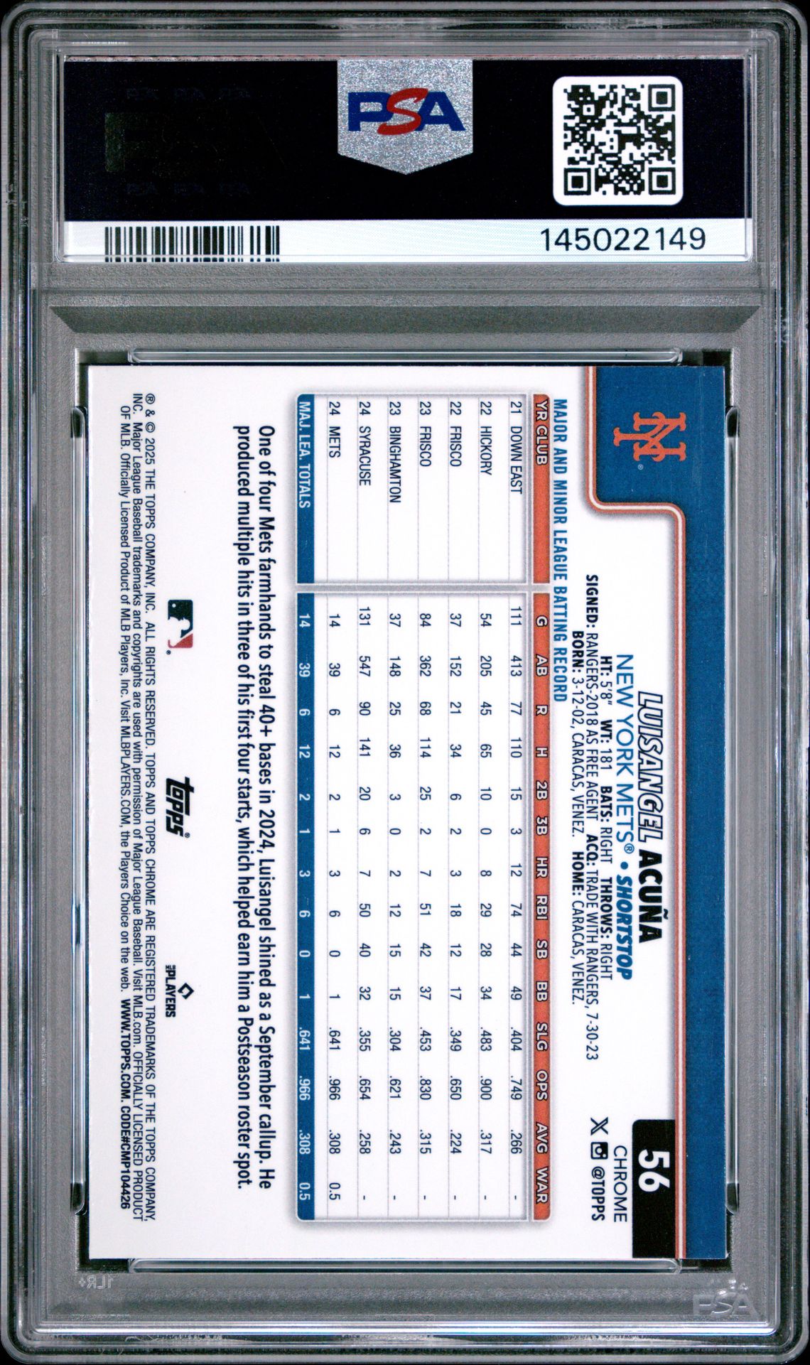 2025 Topps Chrome Luisangel Acuna #56 Gem Mt 10 back