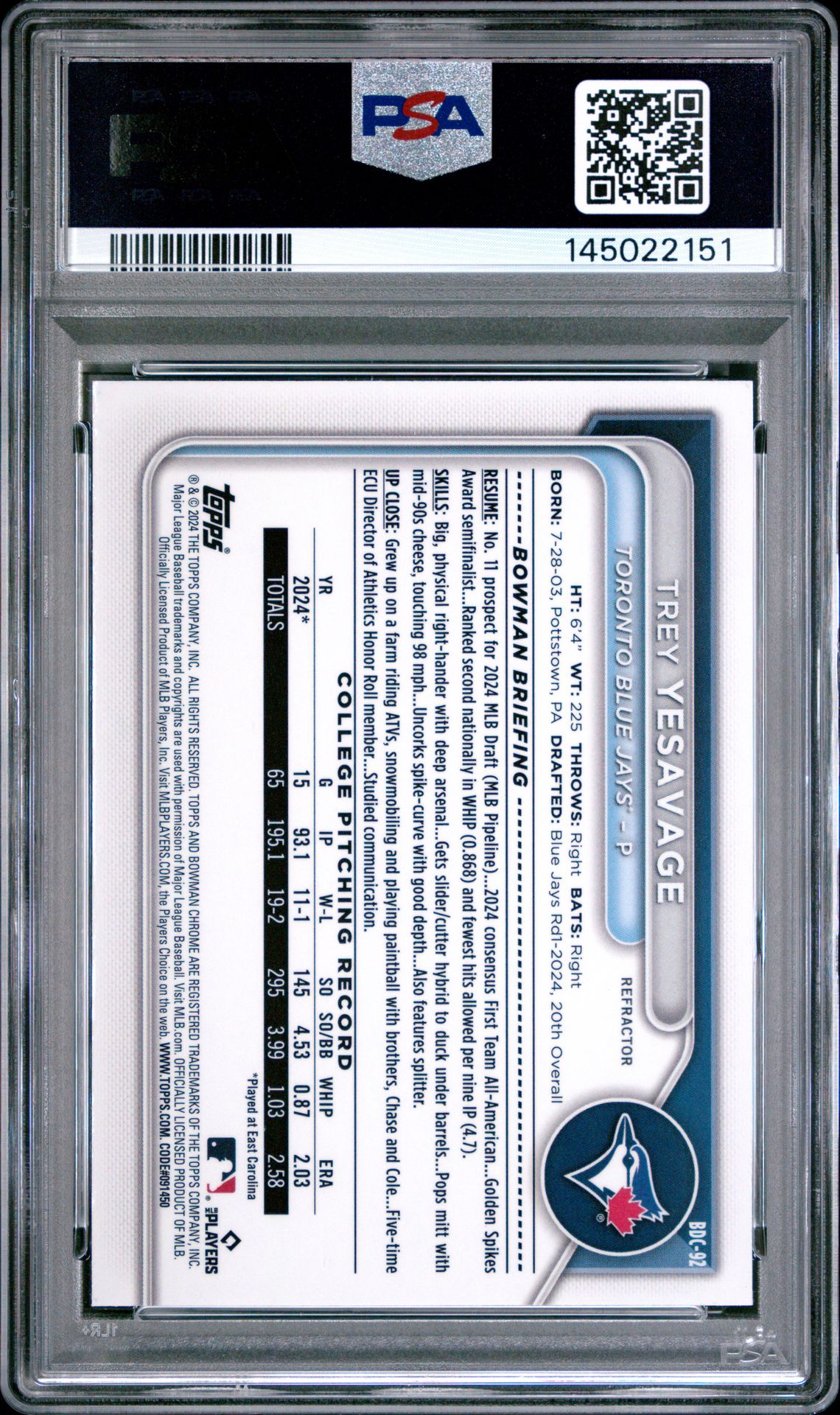 2024 Bowman Draft Trey Yesavage #Bdc92 (Chrome-Refractor) Gem Mt 10 back