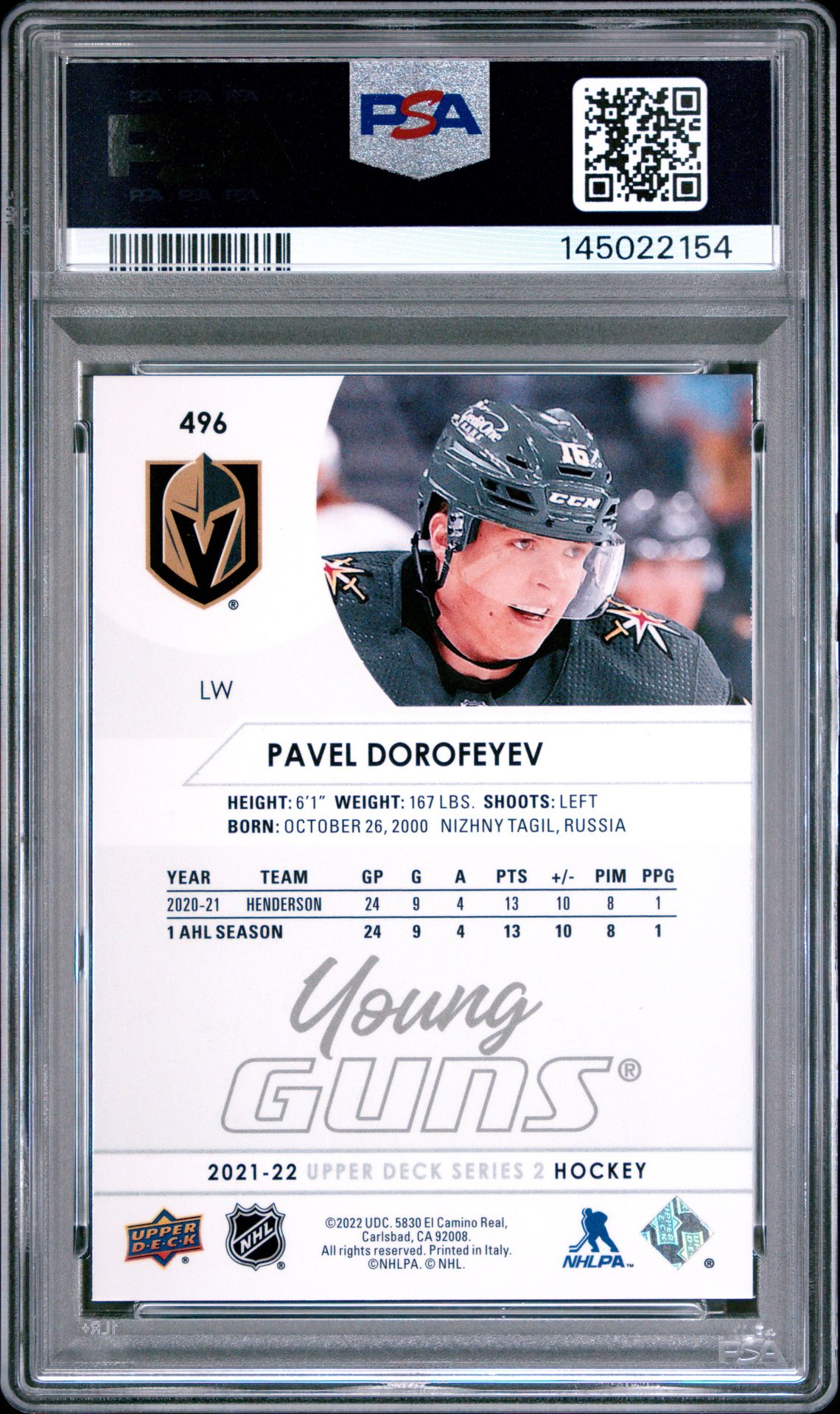 2021-2022 Upper Deck Pavel Dorofeyev #496 Mint 9 back