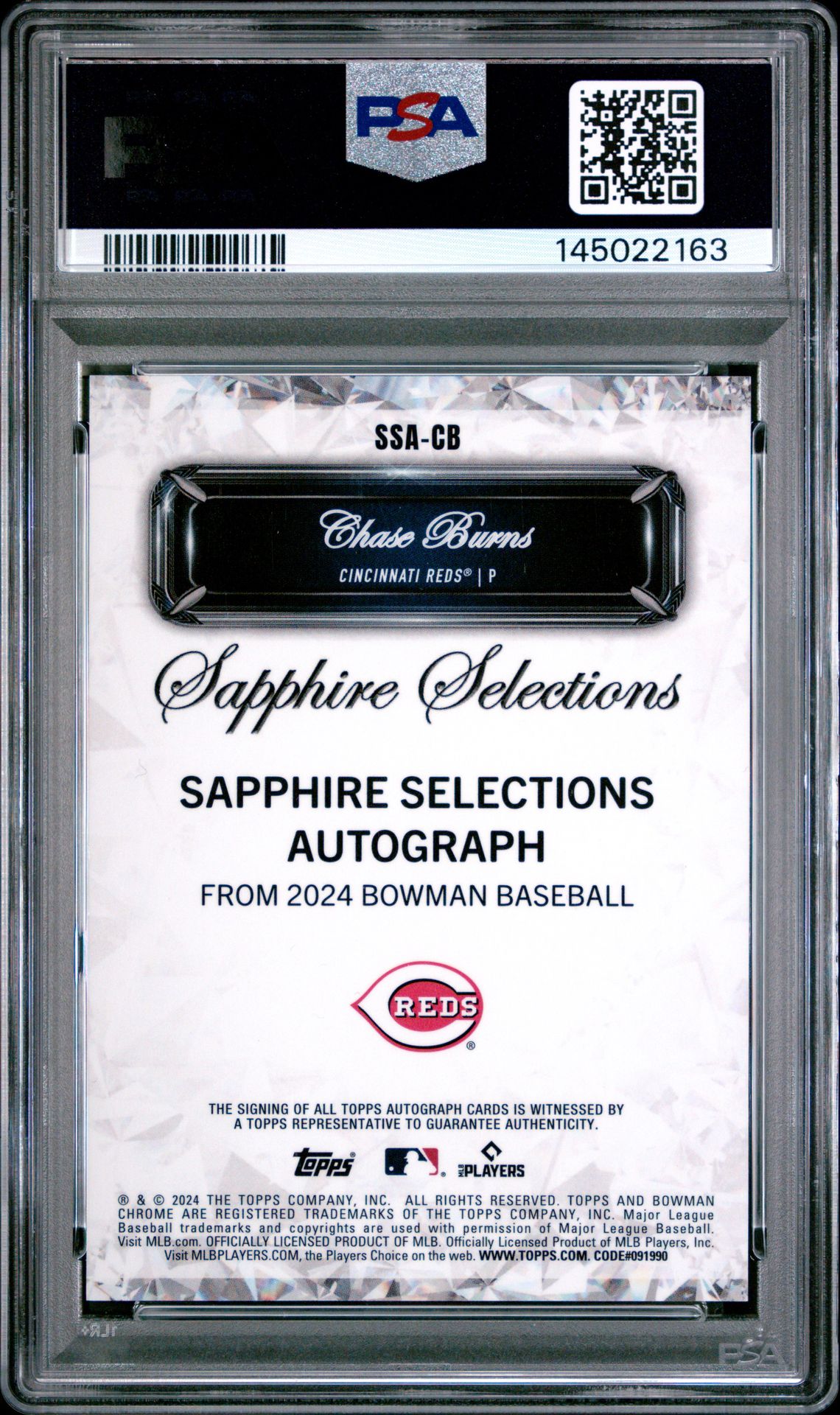 2024 Bowman Draft Sapphire Edition Sapphire Selections Autographs Chase Burns #Ssacb Gem Mt 10 back