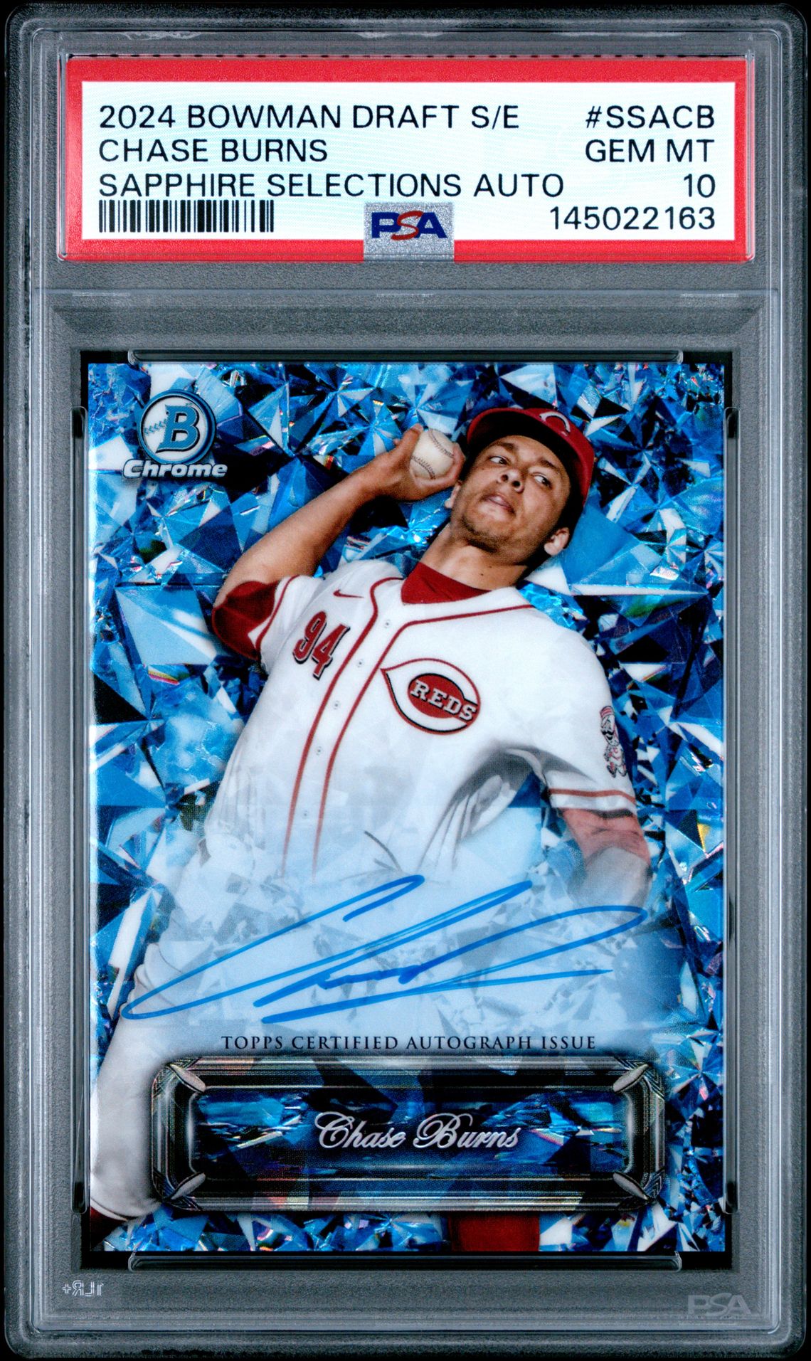 2024 Bowman Draft Sapphire Edition Sapphire Selections Autographs Chase Burns #Ssacb Gem Mt 10 front
