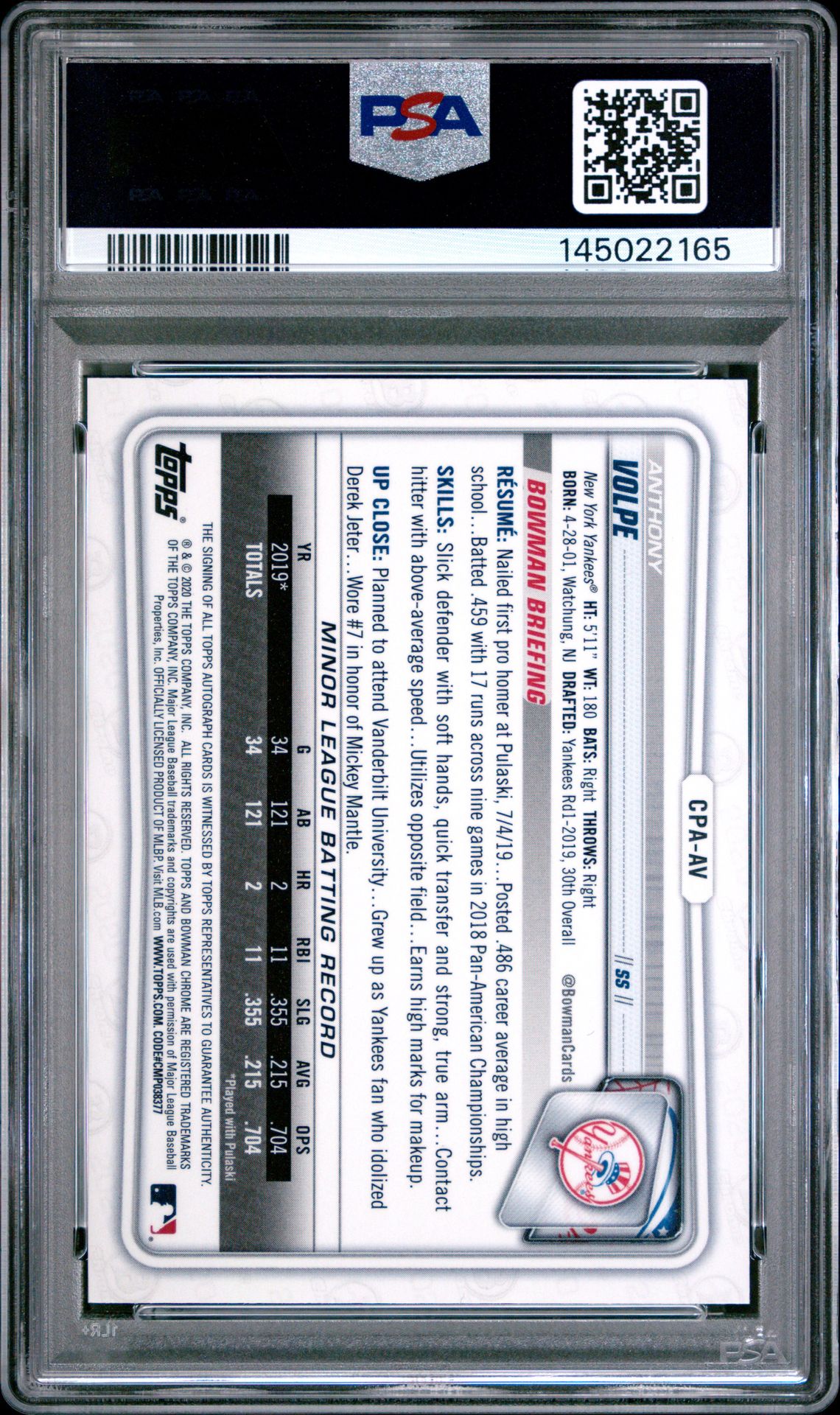 2020 Bowman Chrome Prospect Autographs Anthony Volpe #Cpaav (Prospect Autographs) Mint 9 back