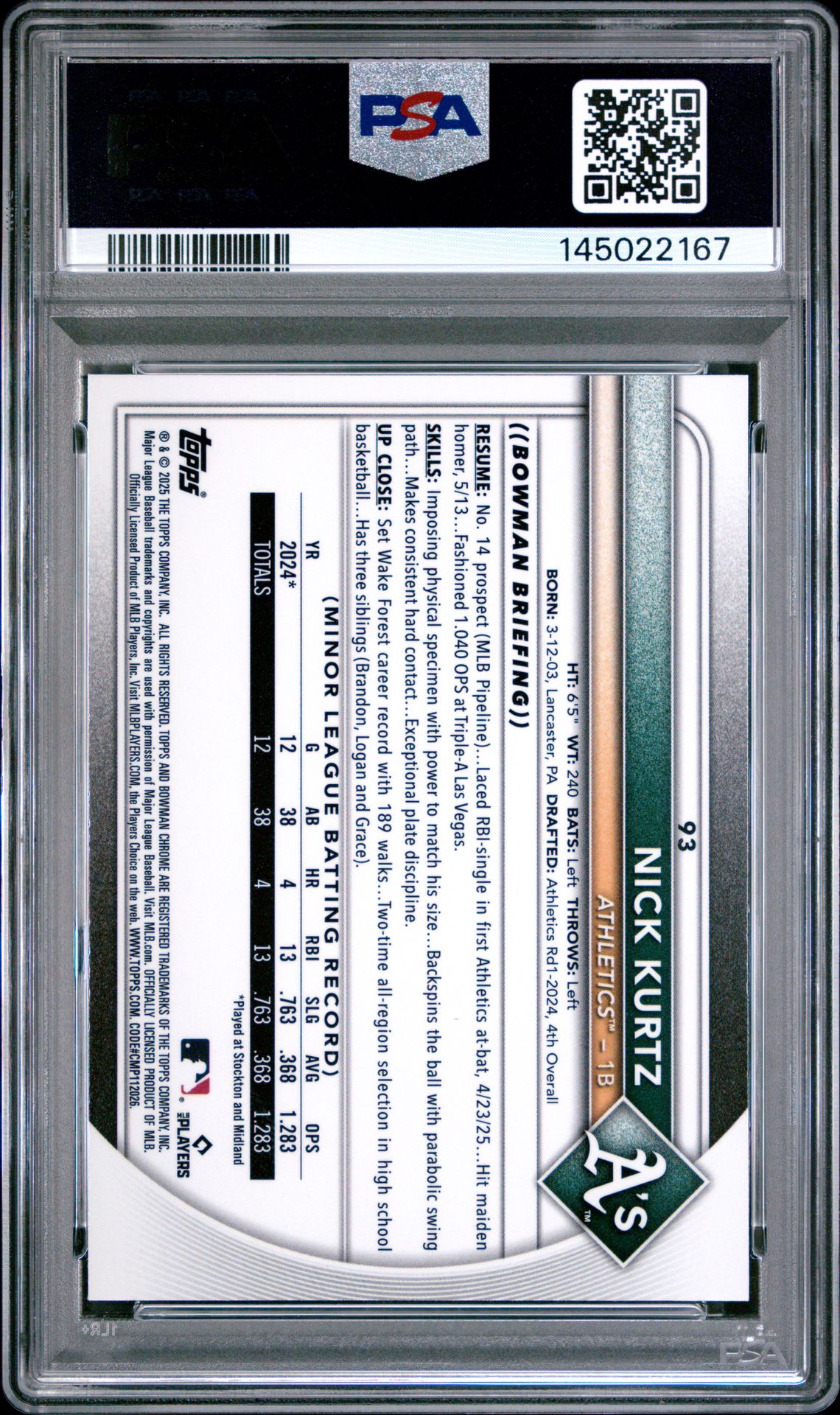 2025 Bowman Chrome Sapphire Edition Nick Kurtz #93 Gem Mt 10 back