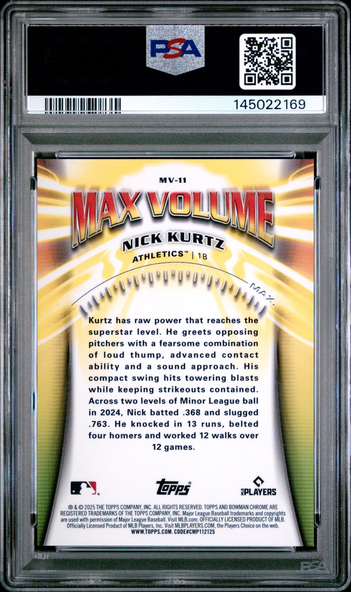 2025 Bowman Chrome Max Volume Nick Kurtz #Mv-11 (Max Volume-Mini Diamond) Gem Mt 10 back