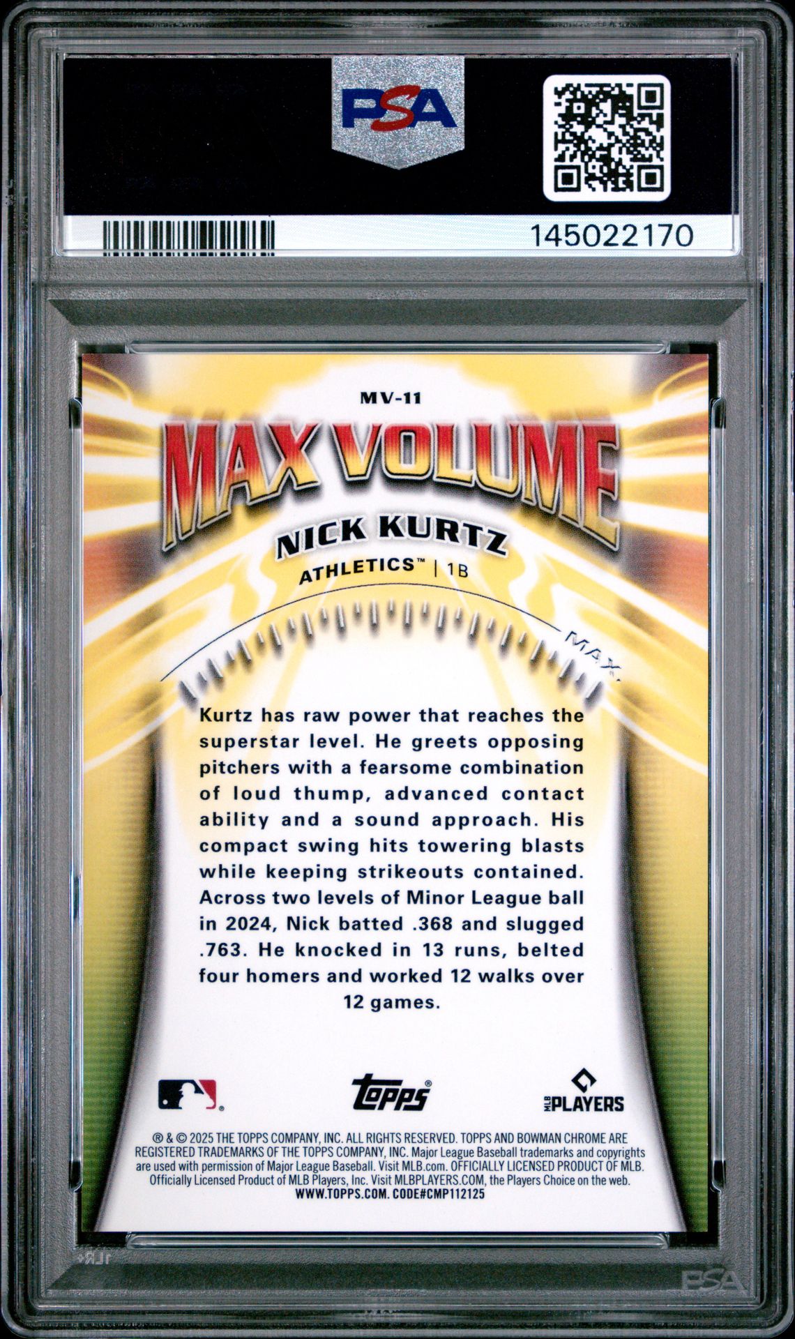 2025 Bowman Chrome Max Volume Nick Kurtz #Mv-11 (Max Volume-Mini Diamond) Mint 9 back