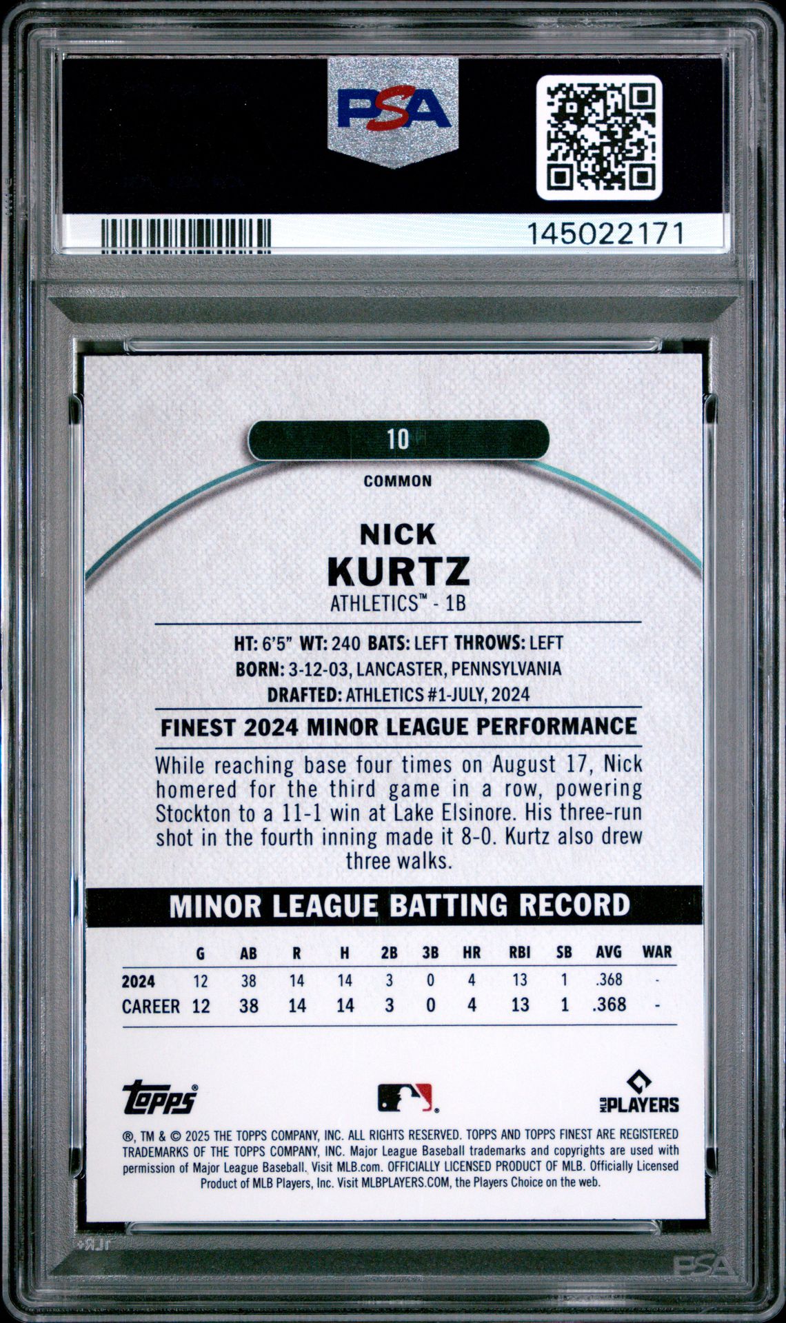 2025 Topps Finest Nick Kurtz #10 (Blue Checkerboard) Gem Mt 10 back
