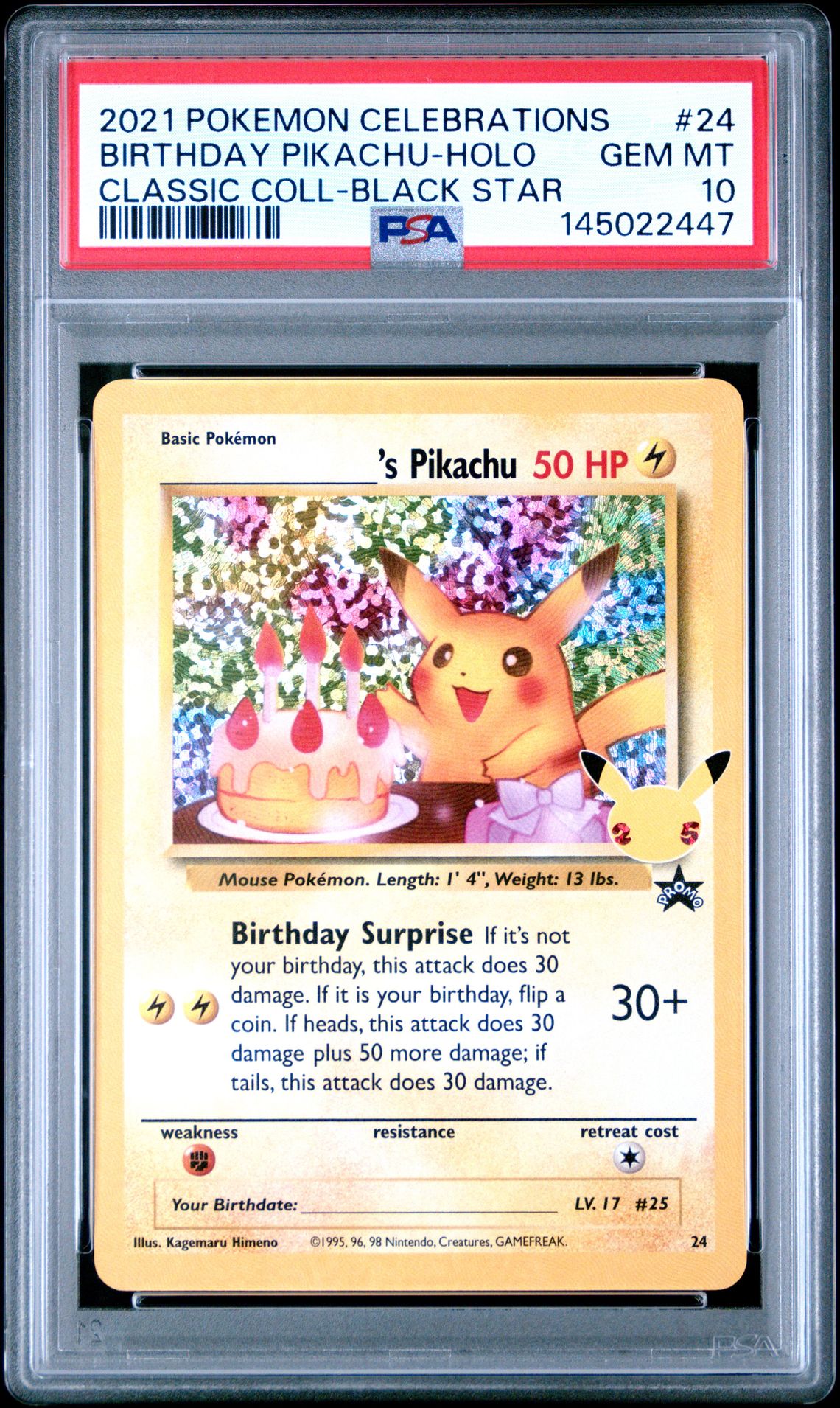 2021 Pokemon Celebrations Classic Collection Birthday Pikachu-Holo #24 (Classic Coll-Black Star) Gem Mt 10 front