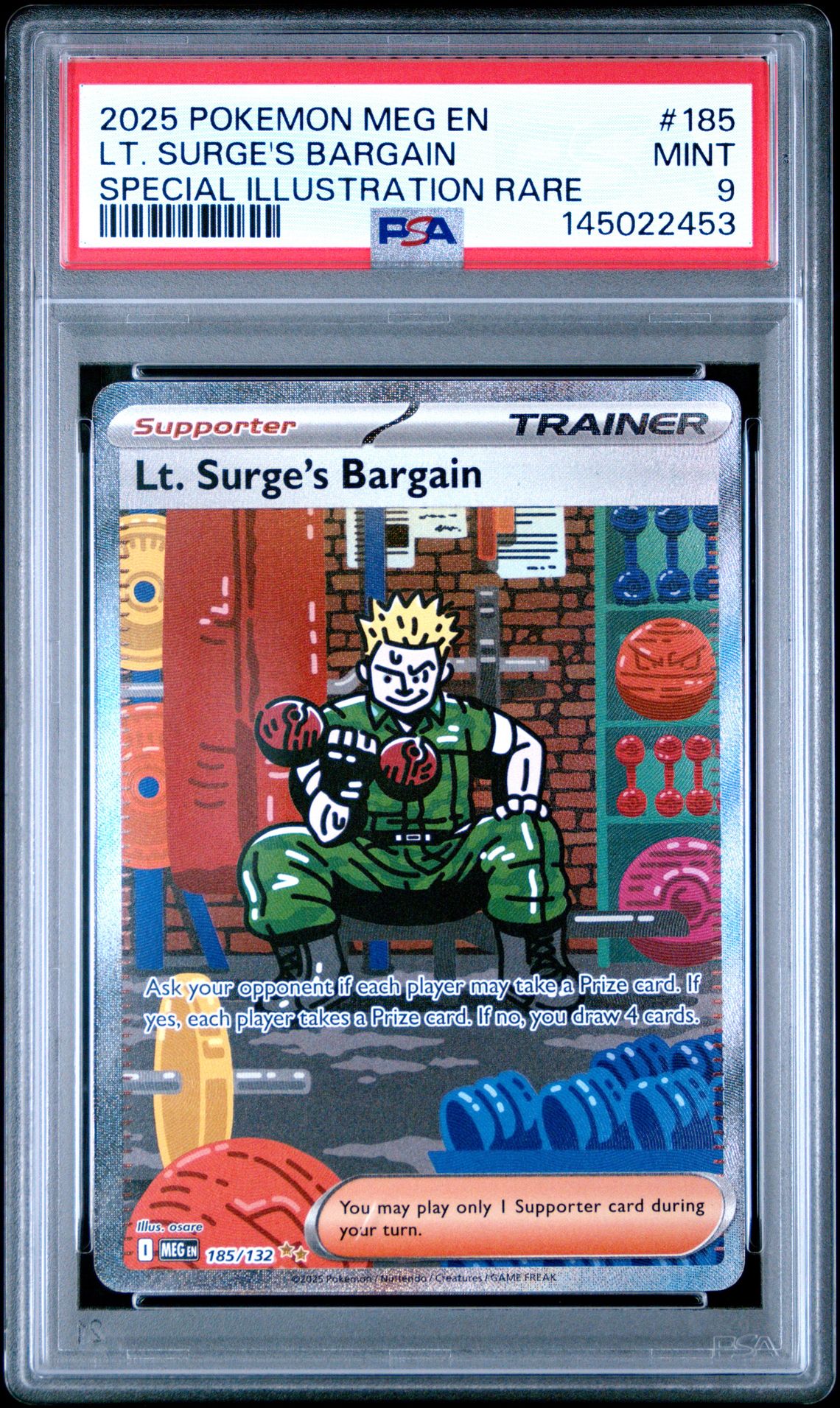 2025 Pokemon Meg En-Mega Evolution Lt. Surge's Bargain #185 (Special Illustration Rare) Mint 9 front