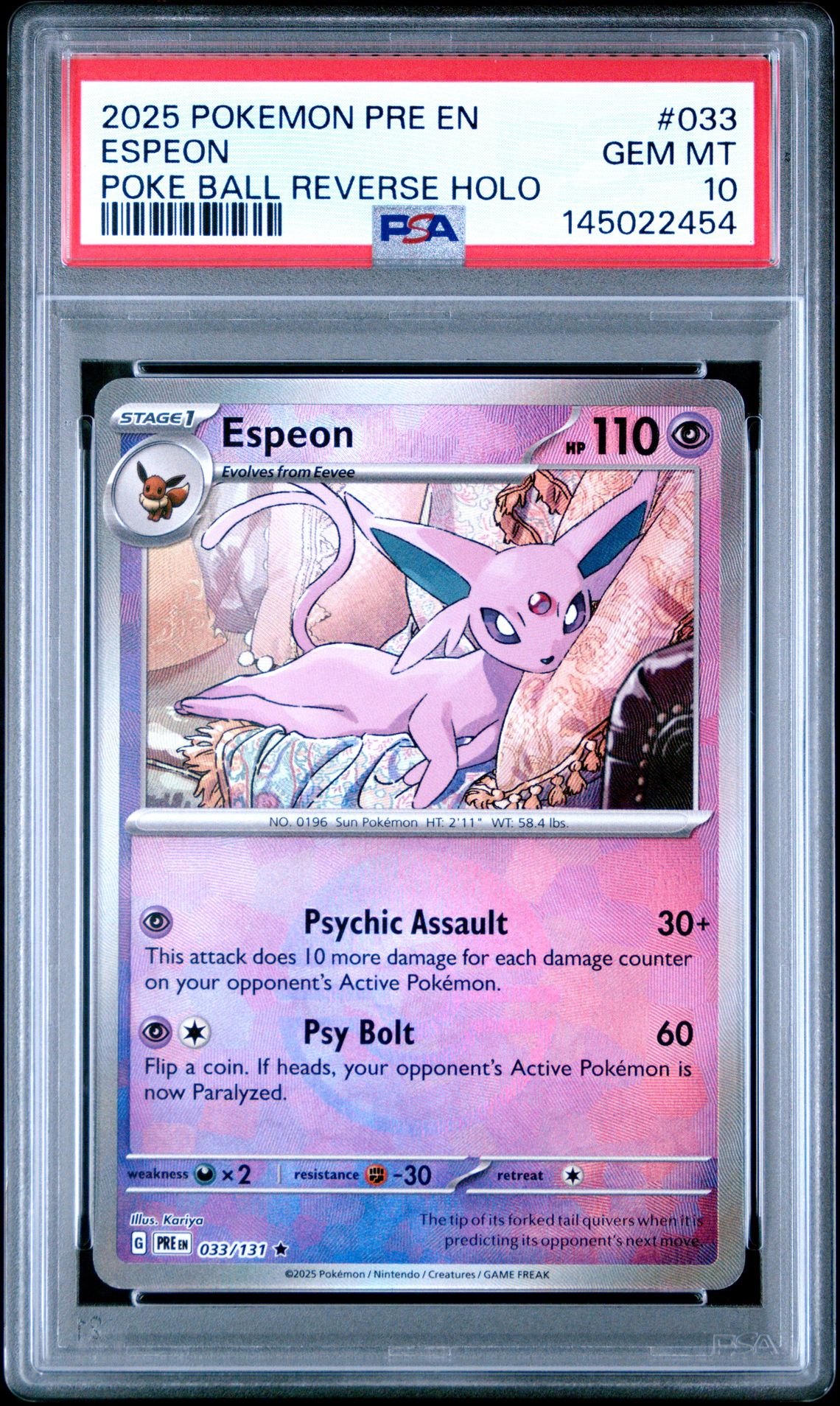 2025 POKEMON PRE EN-PRISMATIC EVOLUTIONS ESPEON POKE BALL REVERSE HOLO 033 GEM MT 10 front