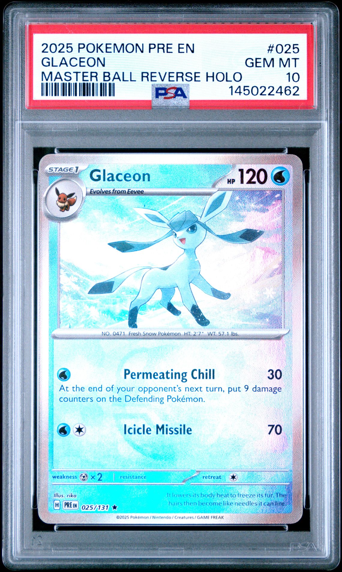 2025 Pokemon Pre En-Prismatic Evolutions Glaceon #025 (Master Ball Reverse Holo) Gem Mt 10 front