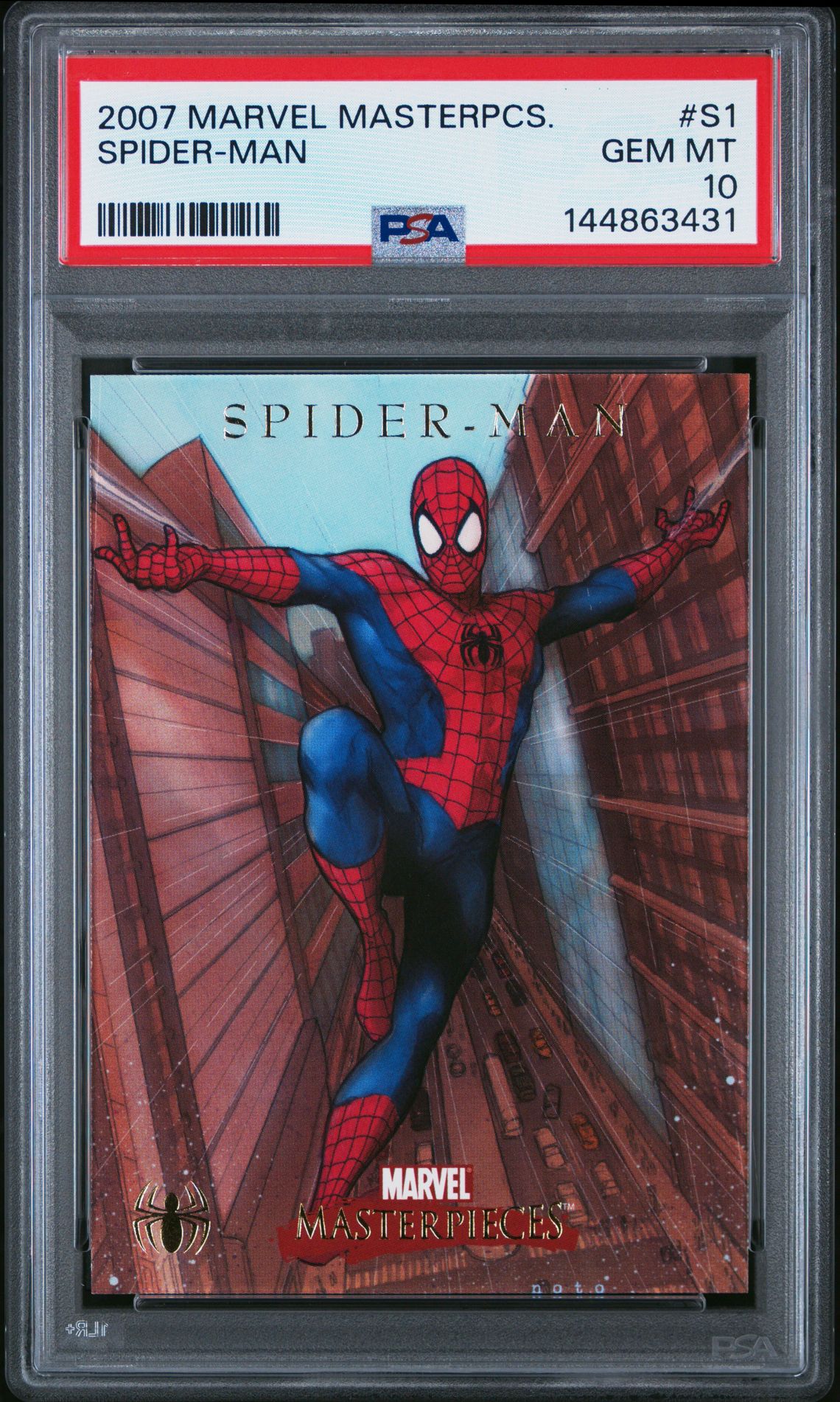 2007 Marvel Masterpieces Spider-Man Spider-Man #S1 Gem Mt 10 front view - PSA graded GEM MT 10