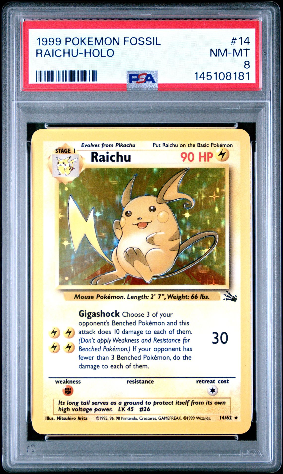 1999 Pokemon Fossil Holo #14 Raichu-Holo front