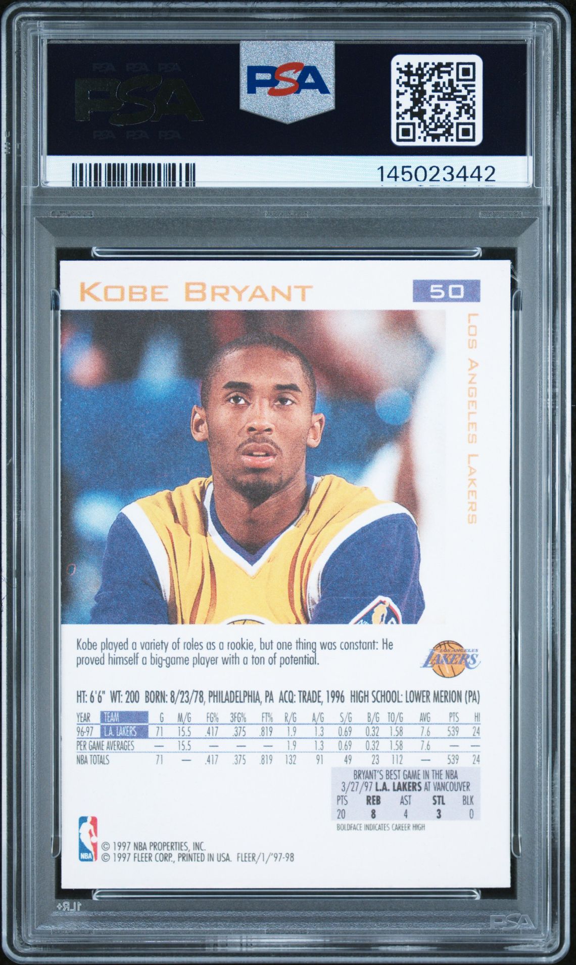 1997 Fleer Kobe Bryant #50 Mint 9 back