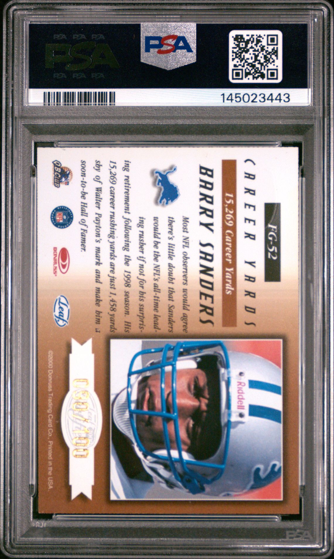 2000 Leaf Certified Fabric Of The Game Barry Sanders #Fg52 (Fabric Of The Game) Mint 9 back