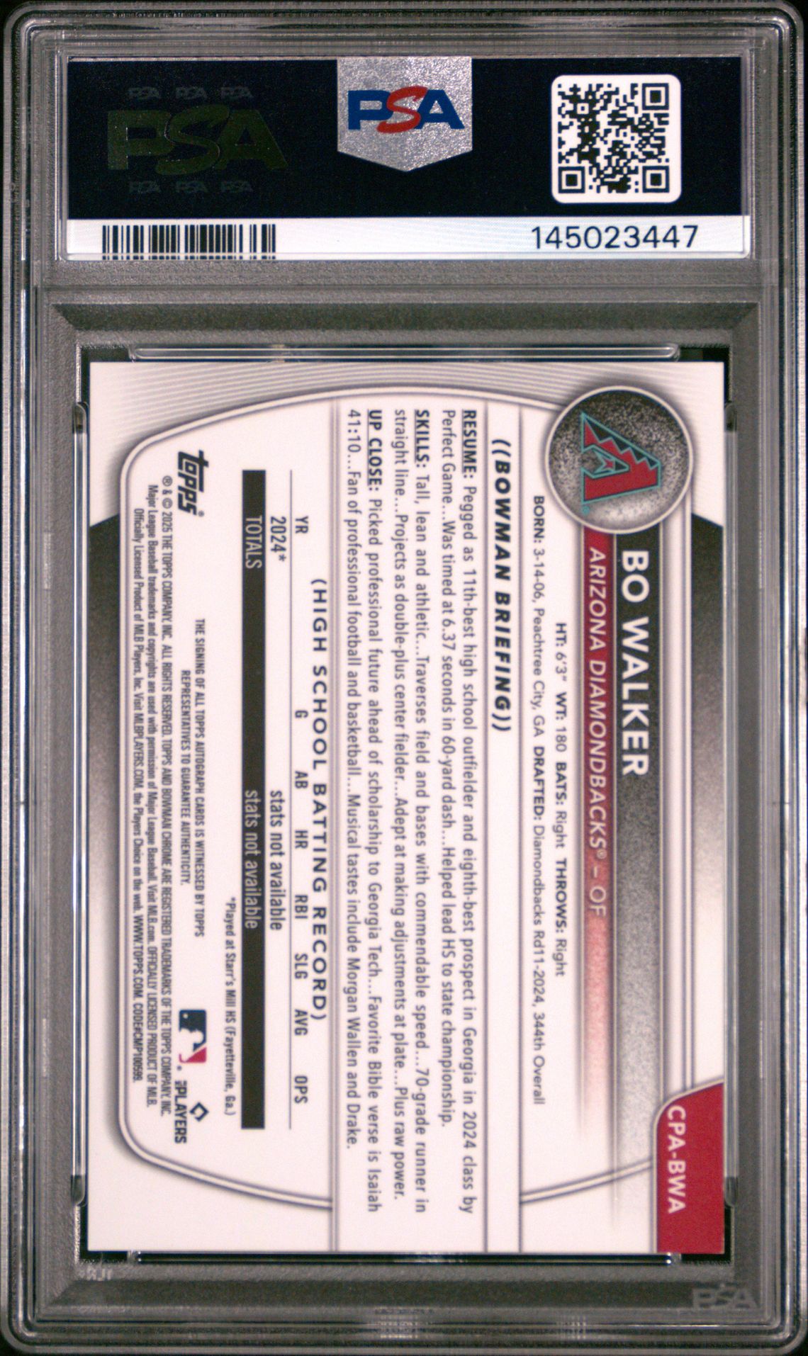 2025 Bowman Chrome Prospect Autographs Bo Walker #Cpabwa (Chrome Pros Au-Orange Ref) Mint 9 back