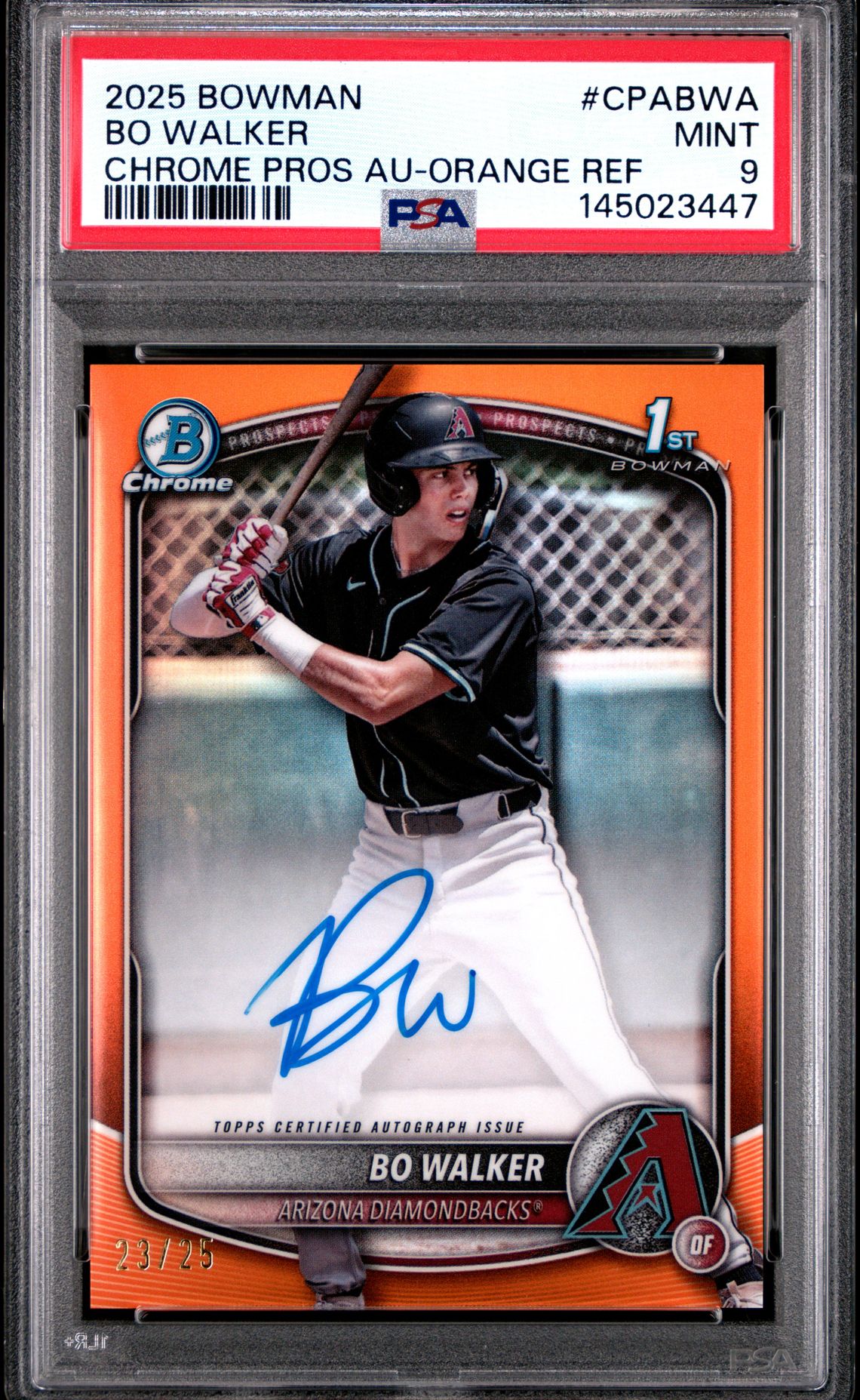 2025 Bowman Chrome Prospect Autographs Bo Walker #Cpabwa (Chrome Pros Au-Orange Ref) Mint 9 front