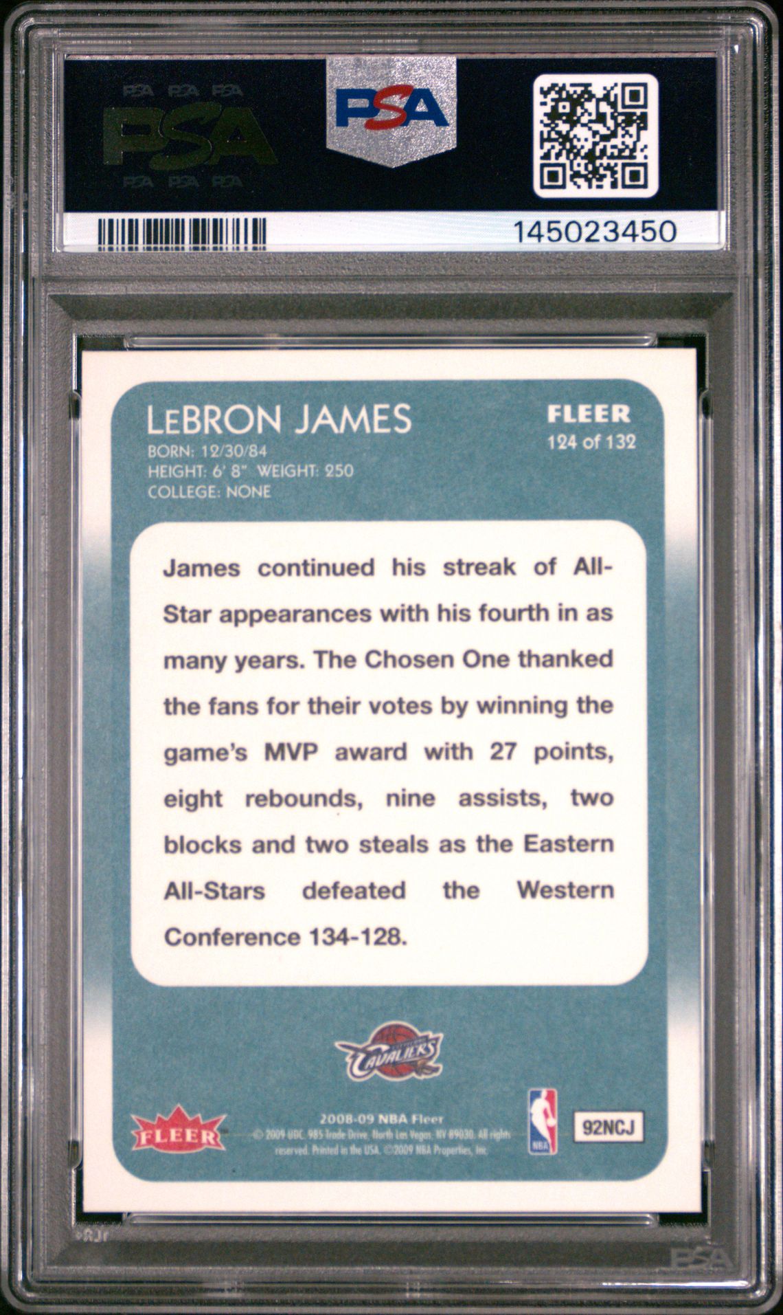 2008 FLEER 1988 RETRO LeBRON JAMES 1988 RETRO 124 GEM MT 10 back