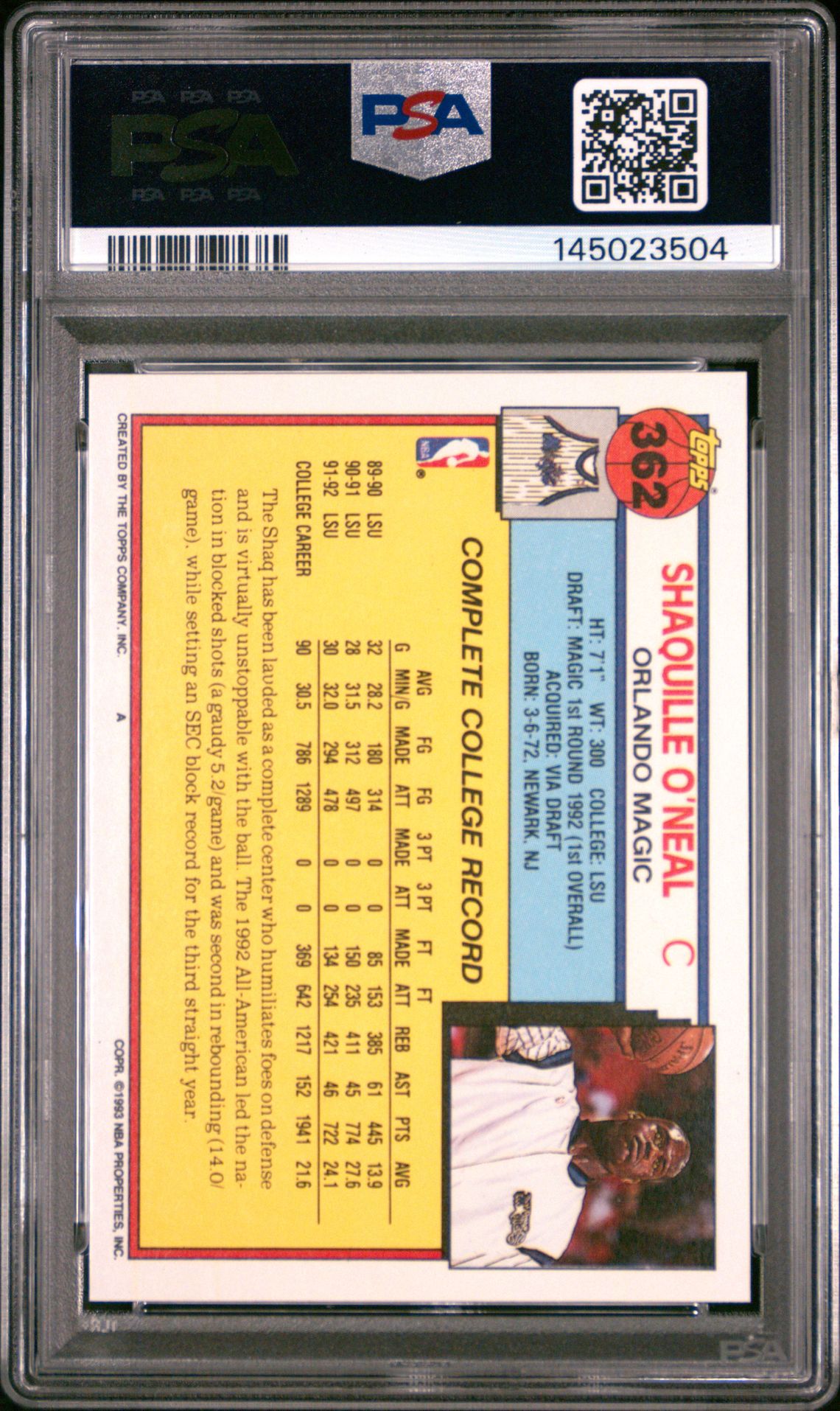 1992 Topps Shaquille O'neal #362 Gem Mt 10 back