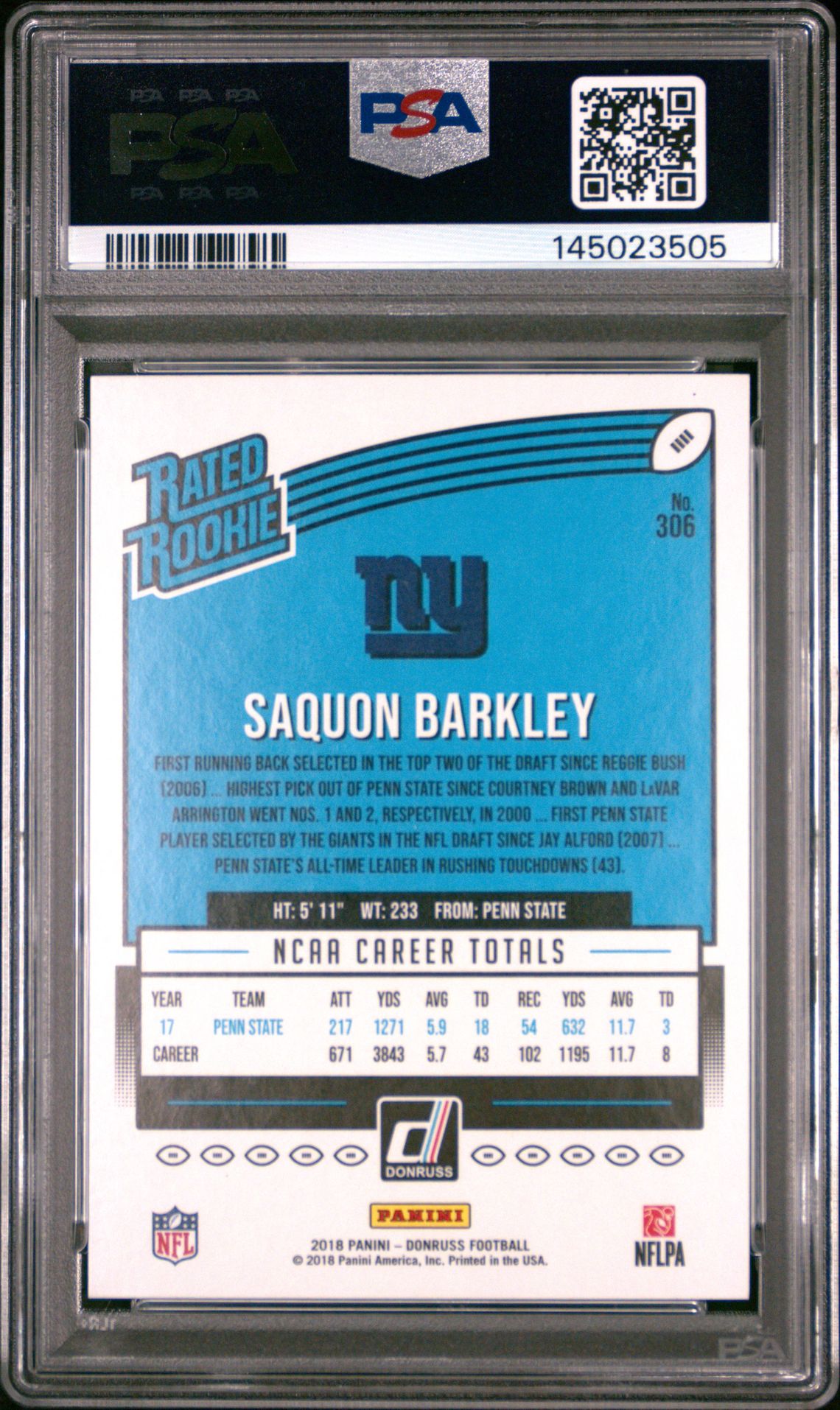 2018 Panini Donruss Saquon Barkley #306 Gem Mt 10 back