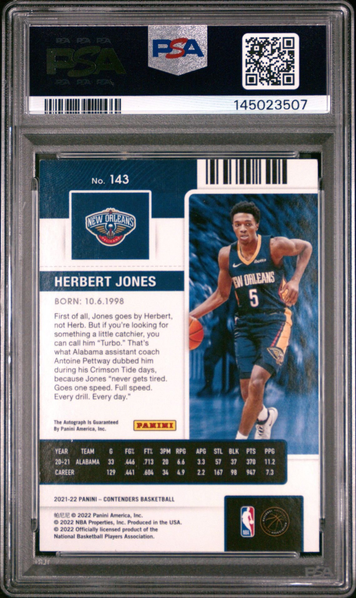 2021 Panini Contenders Herbert Jones #143 (Autograph-Playoff) Mint 9 back