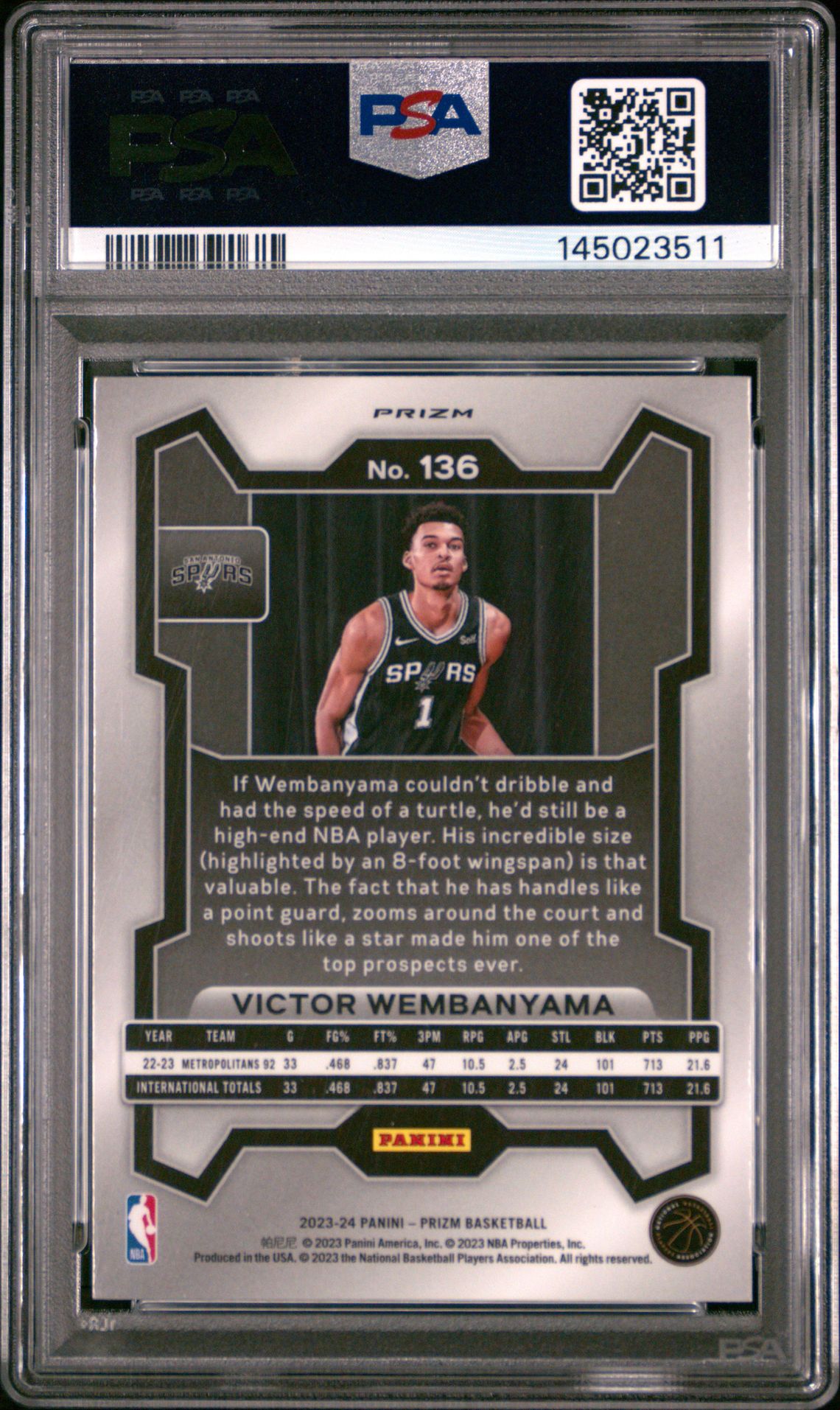 2023 Panini Prizm Victor Wembanyama #136 (Green Prizm) Mint 9 back