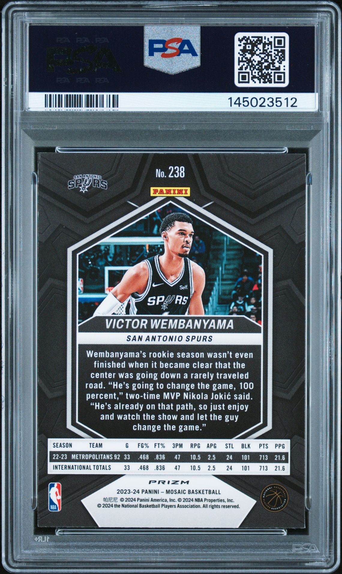 2023 Panini Mosaic Victor Wembanyama #238 (Red) Mint 9 back
